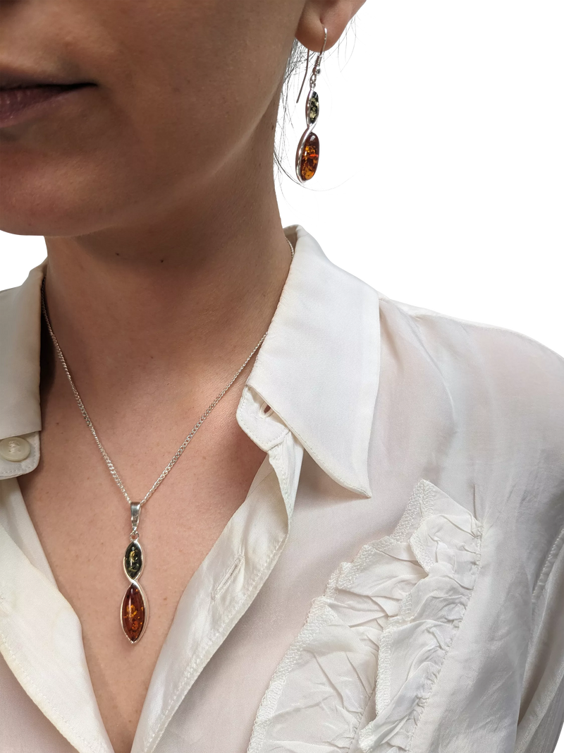 Be-Jewelled marquise cut amber drop earrings green cognac sterling silver - British product