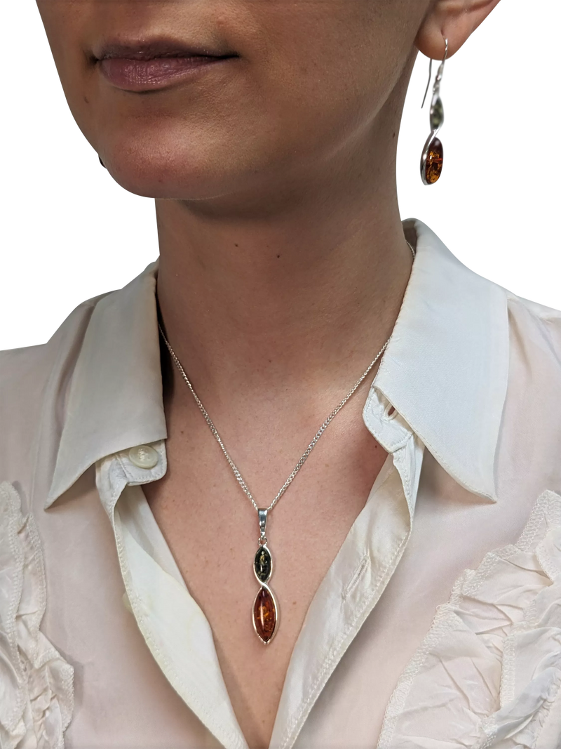 Be-Jewelled double marquise cut amber pendant necklace sterling silver (British brand)