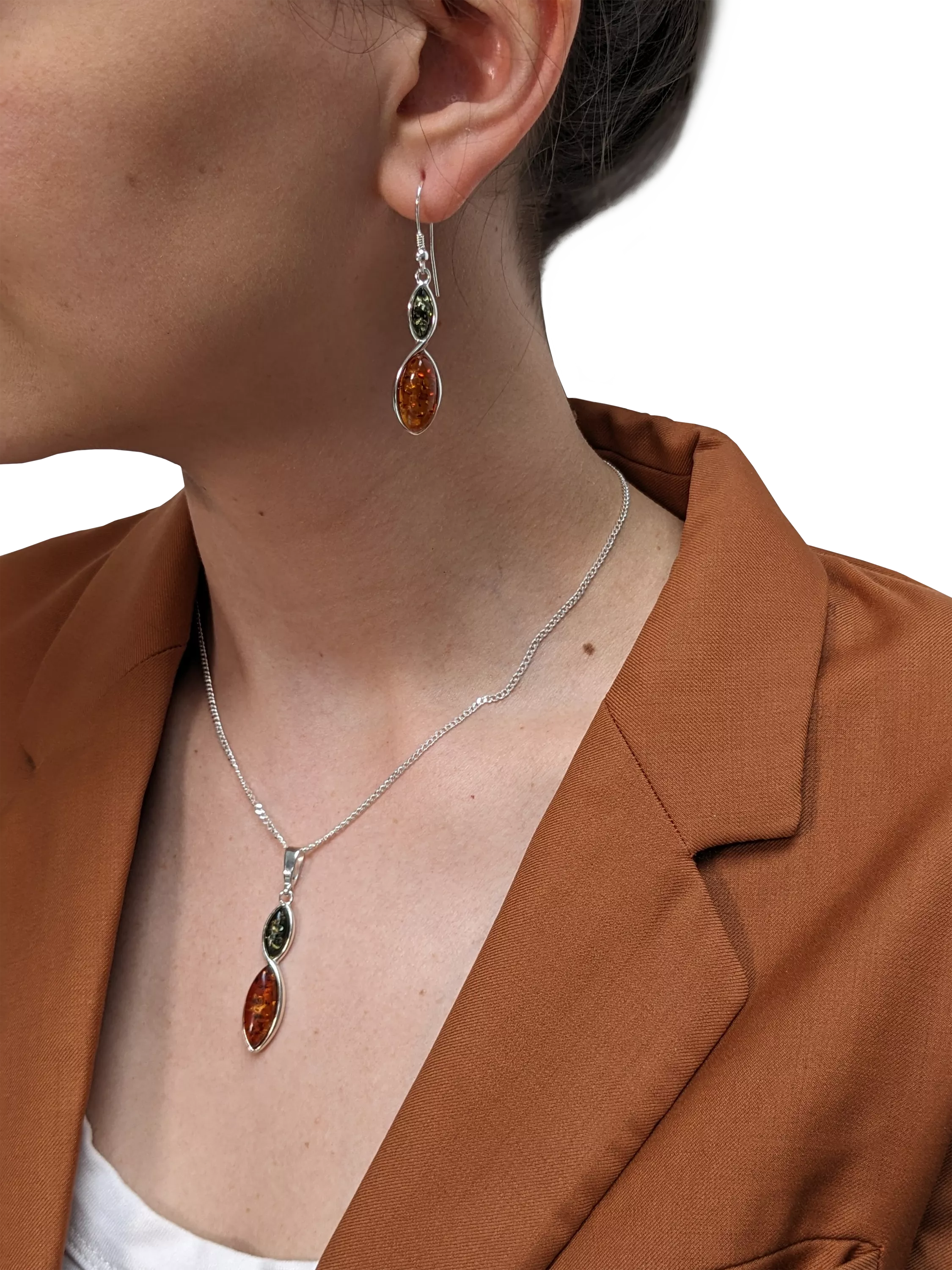 Be-Jewelled double marquise cut amber pendant necklace sterling silver (British brand)