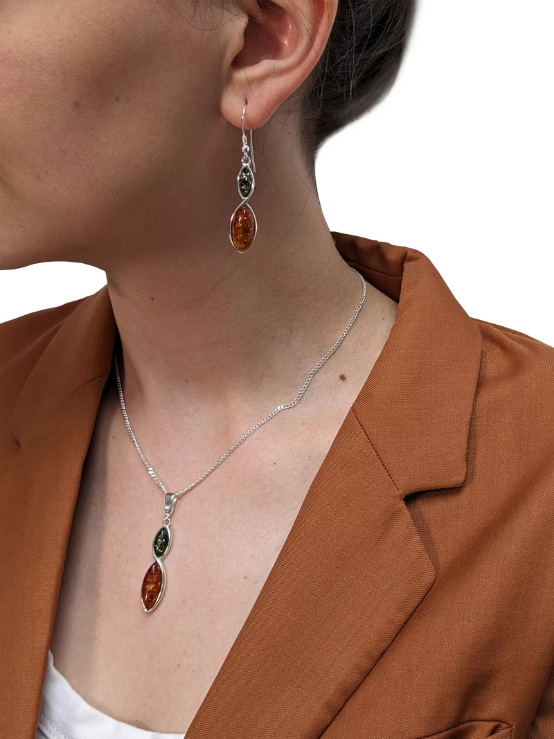 Be-Jewelled double marquise cut amber pendant necklace sterling silver (British brand)