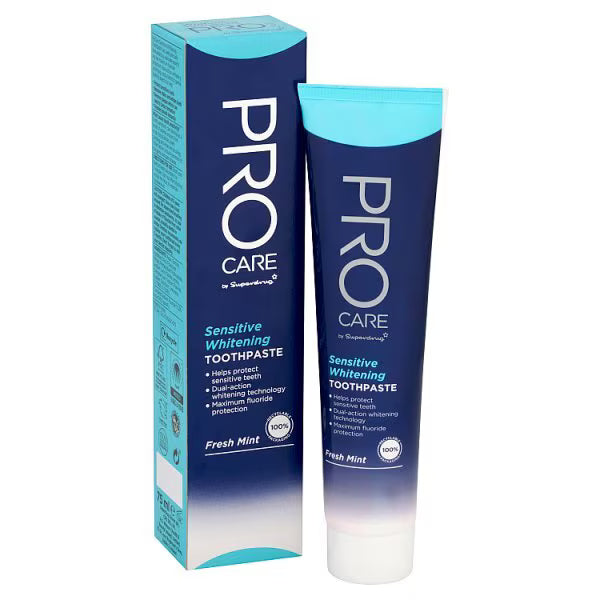 Superdrug Pro Care sensitive whitening toothpaste tube (British brand)