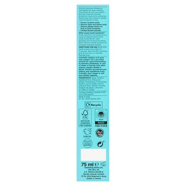 Superdrug Pro Care sensitive whitening toothpaste tube (British brand)