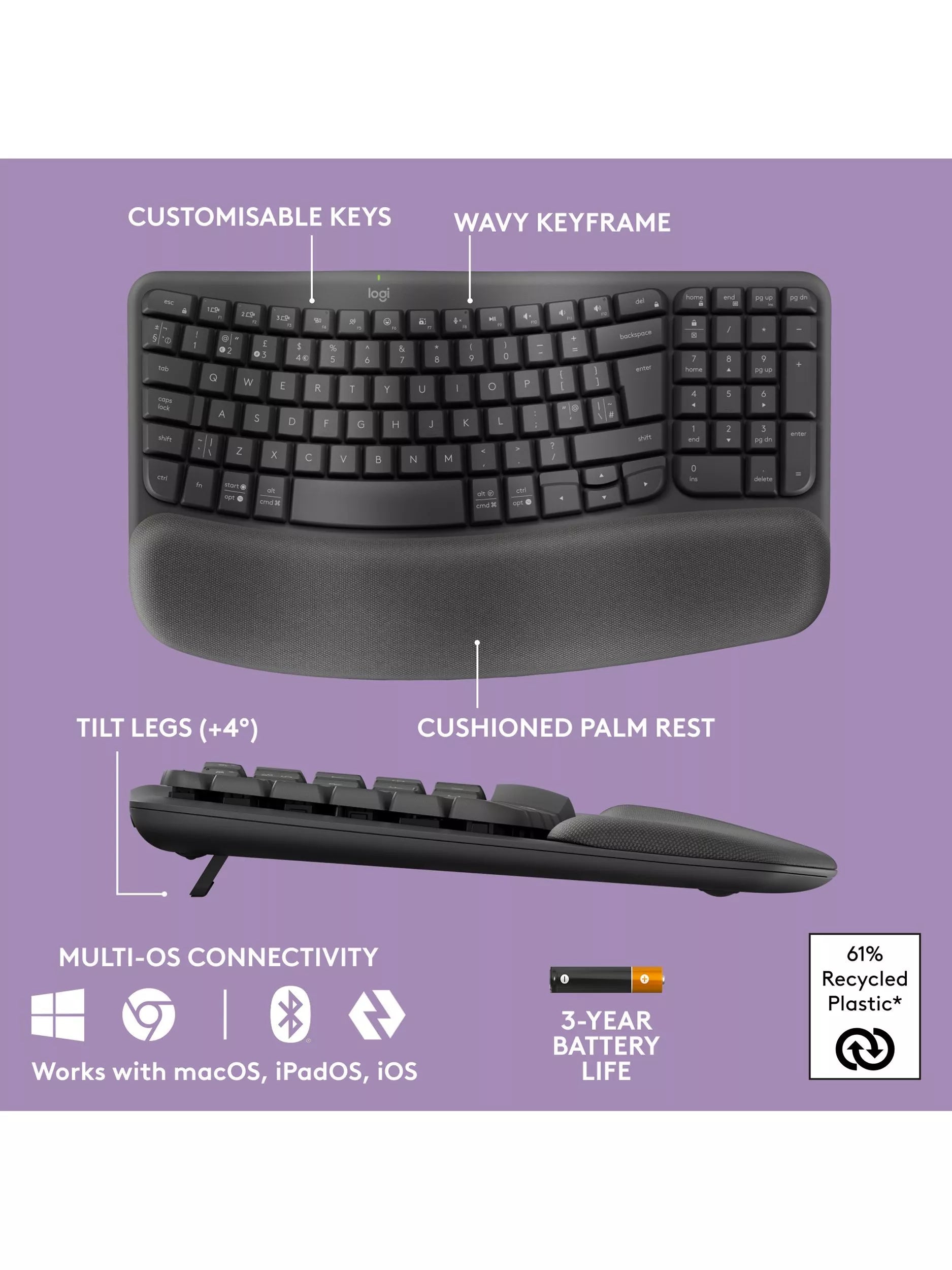 Logitech Wave Keys wireless ergonomic keyboard Graphite, UK version