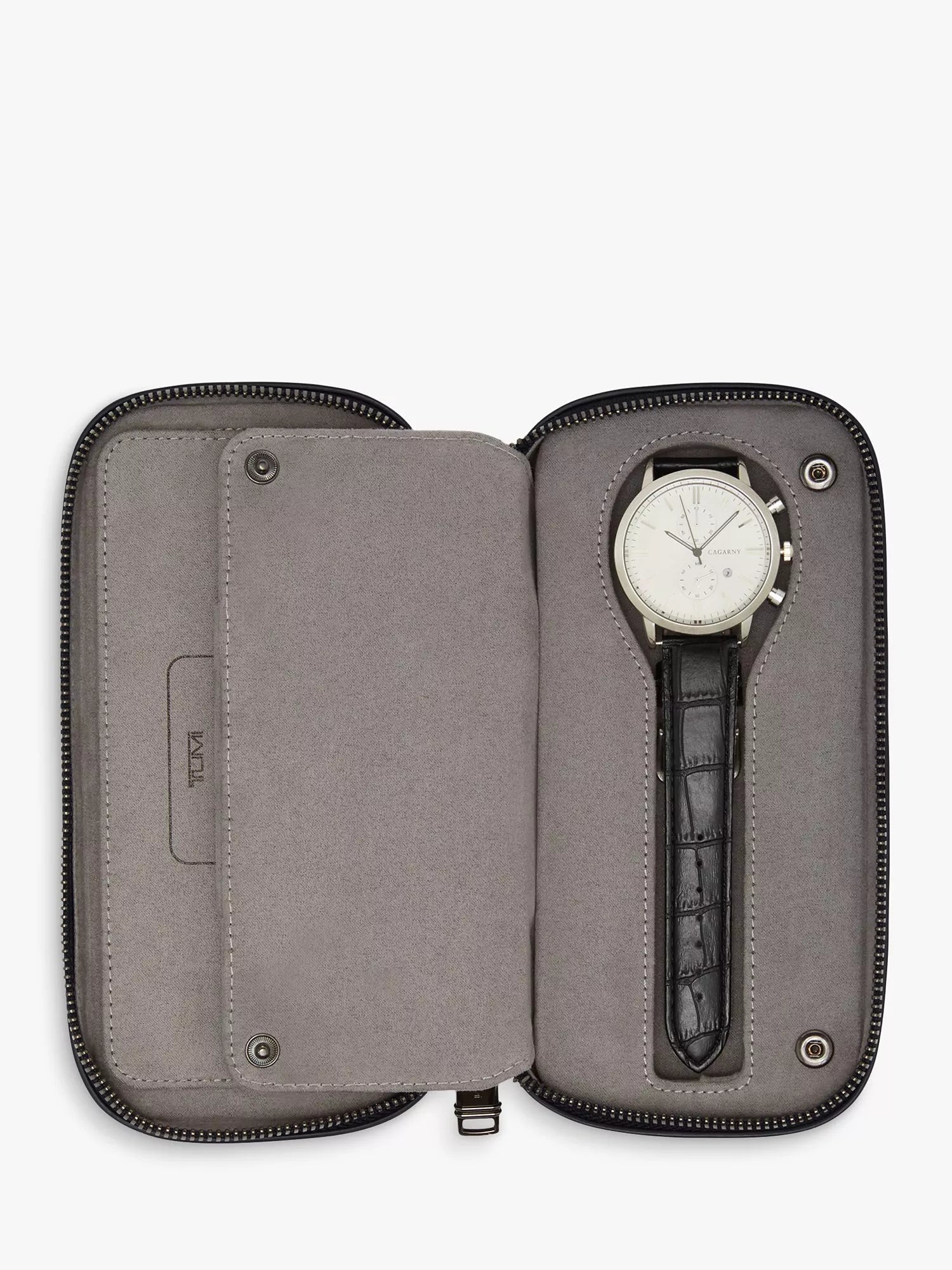 TUMI leather travel watch case black embossed, UK version