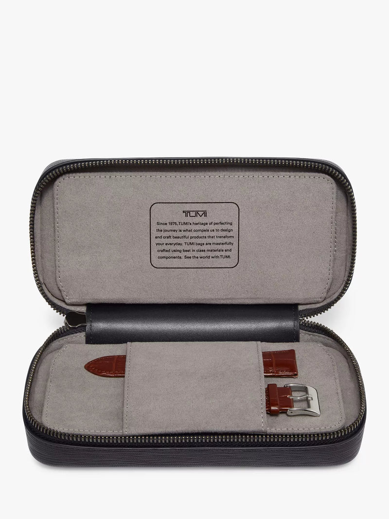 TUMI leather travel watch case black embossed, UK version