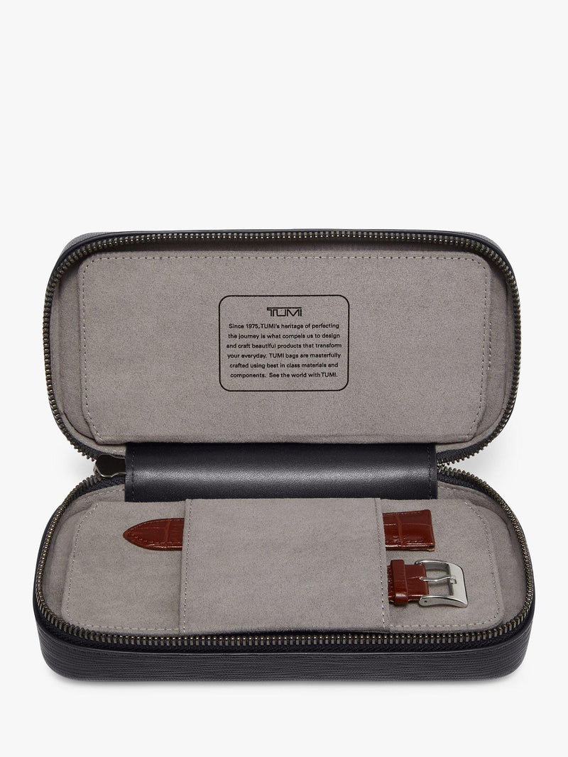 TUMI leather travel watch case black embossed, UK version