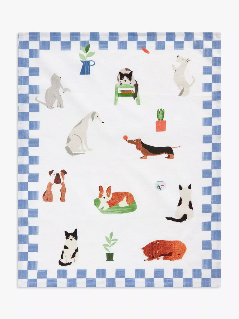 John Lewis Cats & Dogs Print Cotton Tea Towel, Blue/Multi