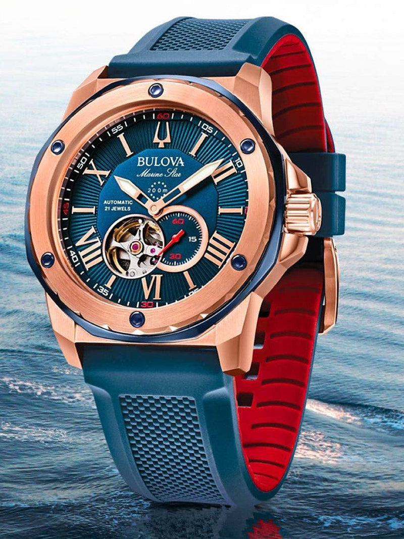 Bulova Marine Star automatic watch blue silicone strap 45mm - British product