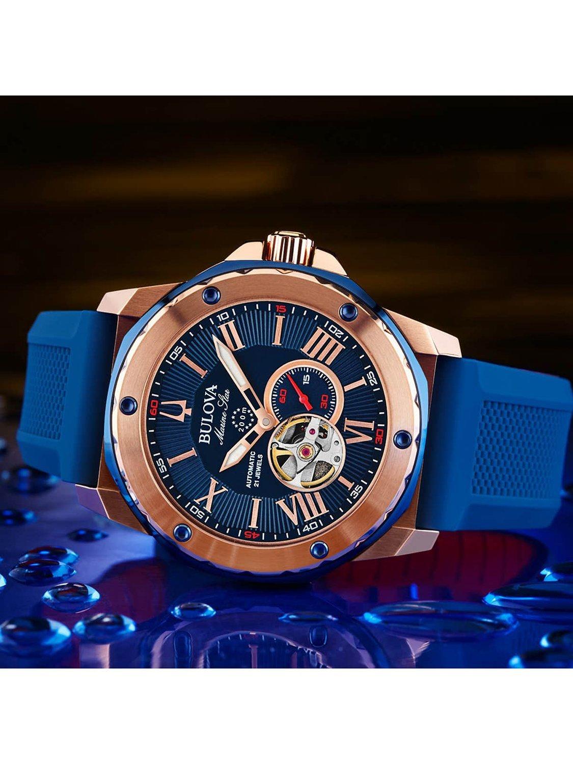 Bulova Marine Star automatic watch blue silicone strap 45mm - British product