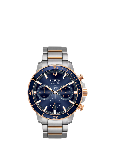 John Lewis Bulova Men's Marine Star Chronograph Watch, Silver Bracelet, Blue Dial, 45mm- Buy online at McGrocer