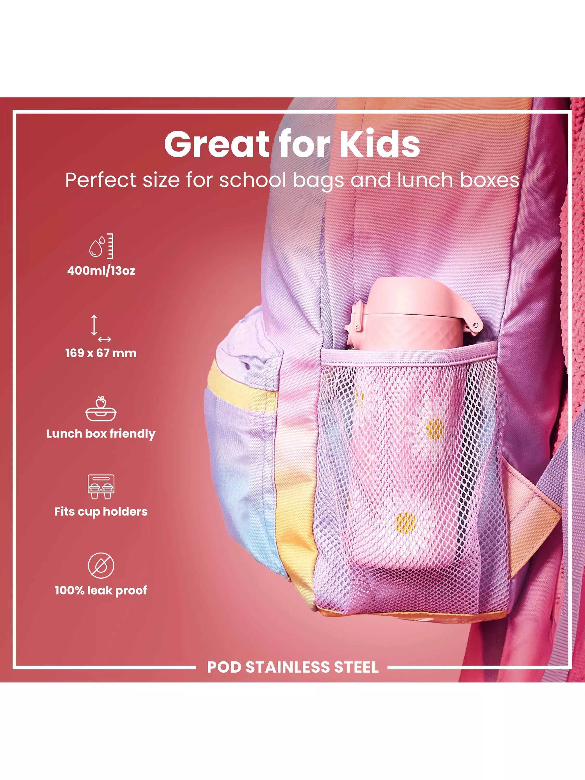 Ion8 Daisy stainless steel water bottle in Rose Quartz, 400ml, UK version