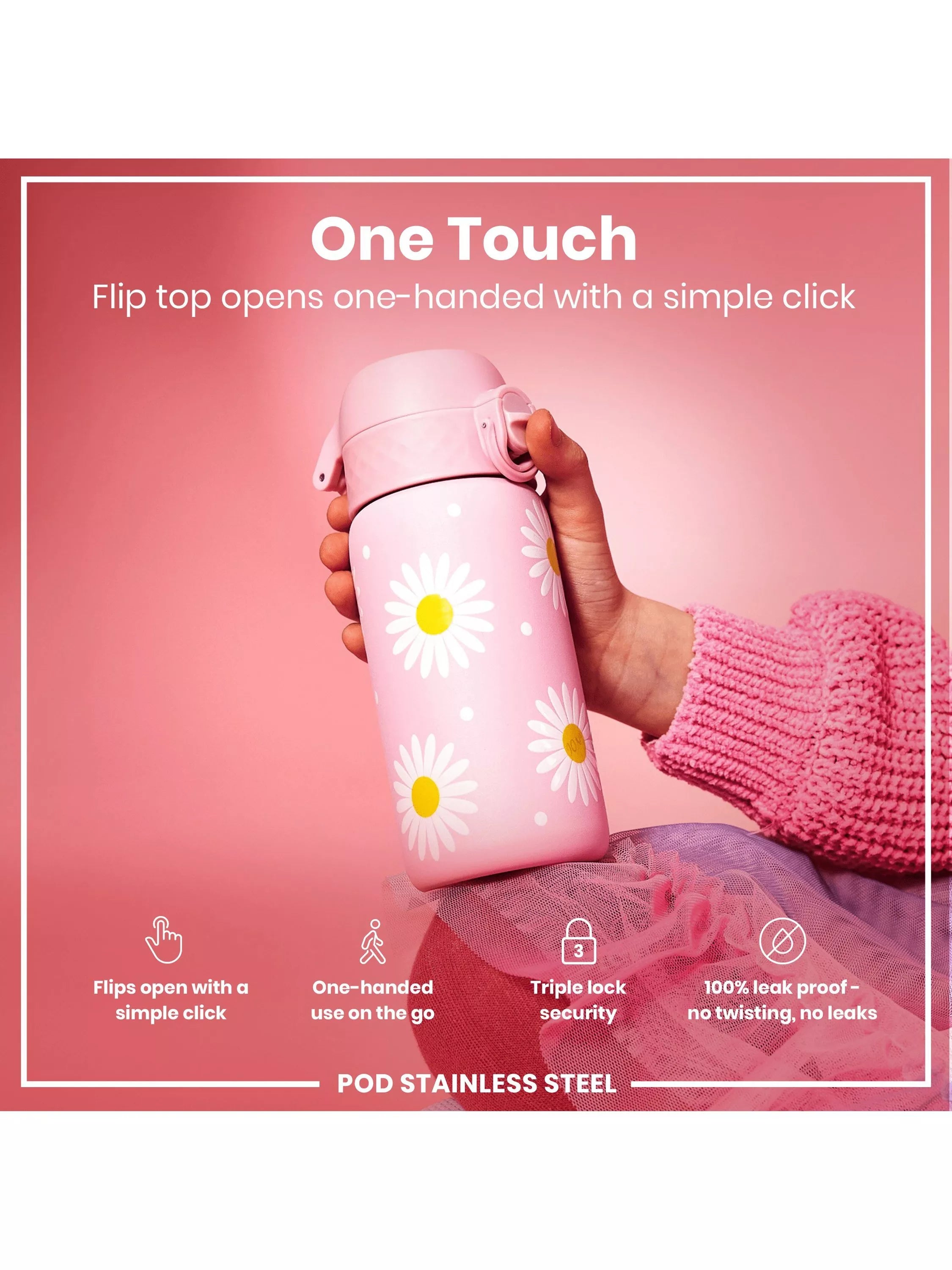 Ion8 Daisy stainless steel water bottle in Rose Quartz, 400ml, UK version