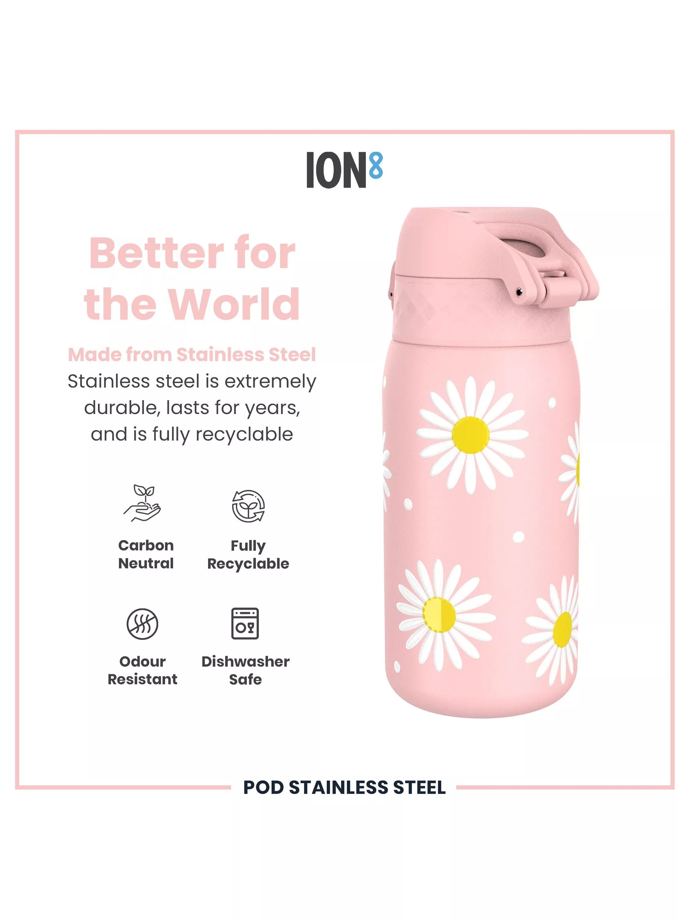 Ion8 Daisy stainless steel water bottle in Rose Quartz, 400ml, UK version
