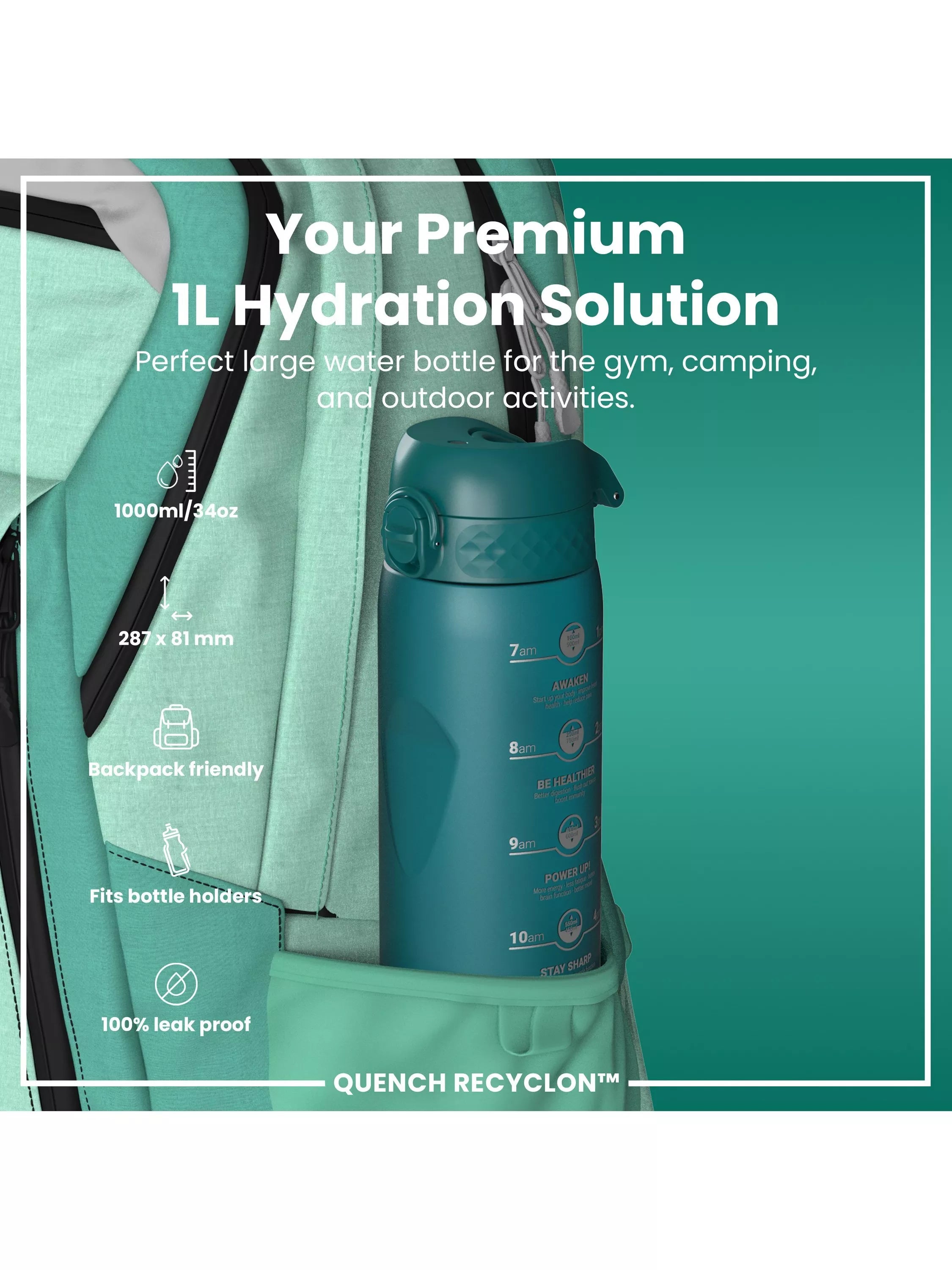 Ion8 Motivation Leak-Proof Recyclon Drinks Bottle 1L, UK version