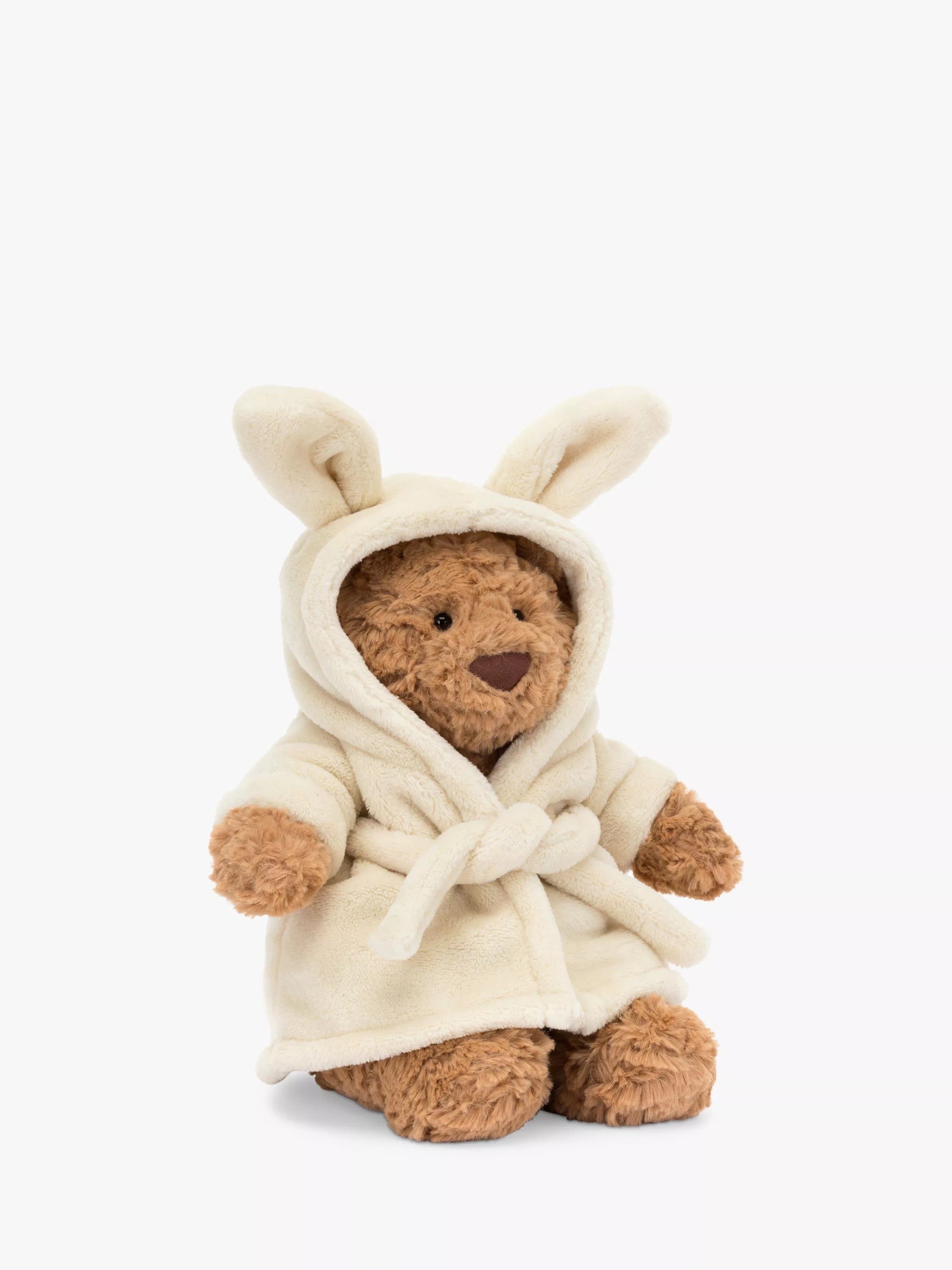 Soft Toy Bear in Oatmeal Towelling Bathrobe with Bunny Ears