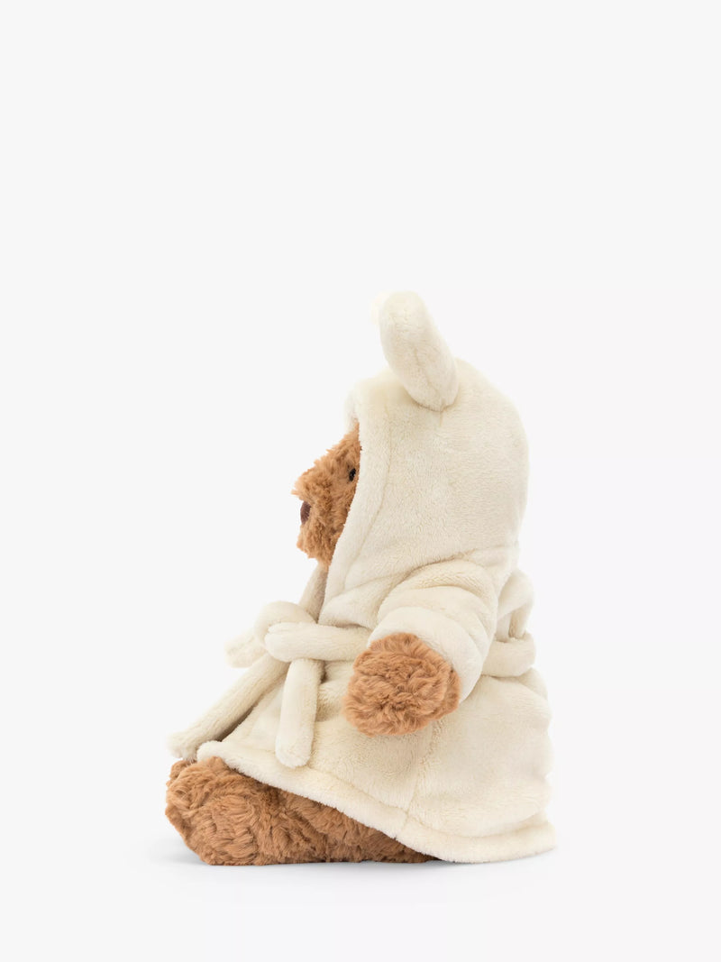 Soft Toy Bear in Oatmeal Towelling Bathrobe with Bunny Ears