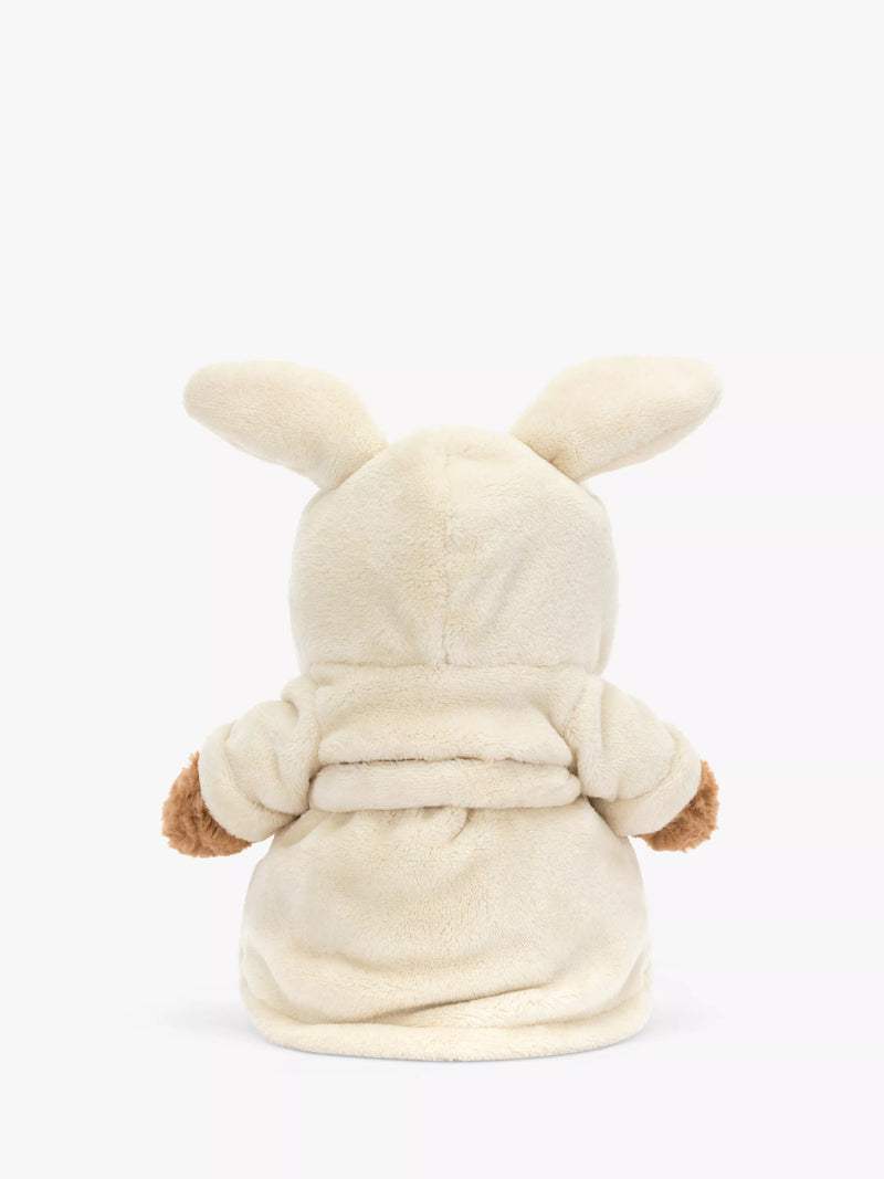 Soft Toy Bear in Oatmeal Towelling Bathrobe with Bunny Ears