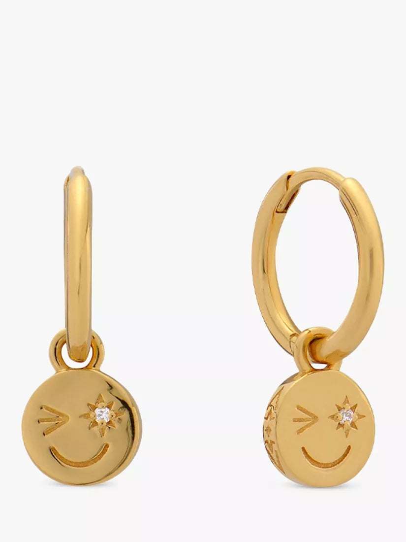 Rachel Jackson London gold plated smiley huggie hoop earrings, imported from the UK