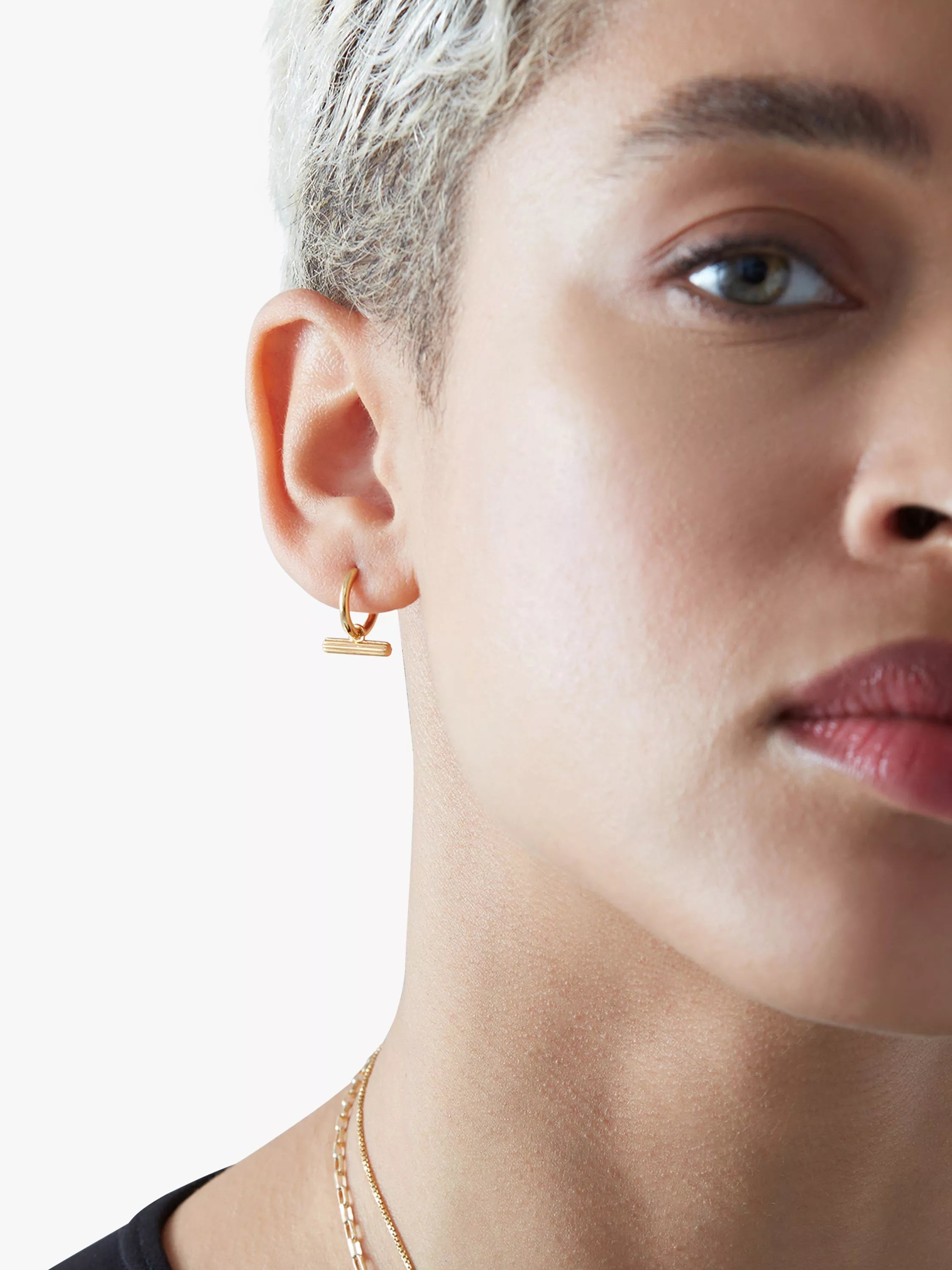 Rachel Jackson London mini T-bar huggie hoop earrings gold (British brand)