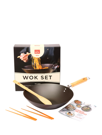 John Lewis School Of Wok Carbon Steel Pre-Seasoned 30cm Wok, Chopsticks & Spatula Gift Set- Buy online at McGrocer