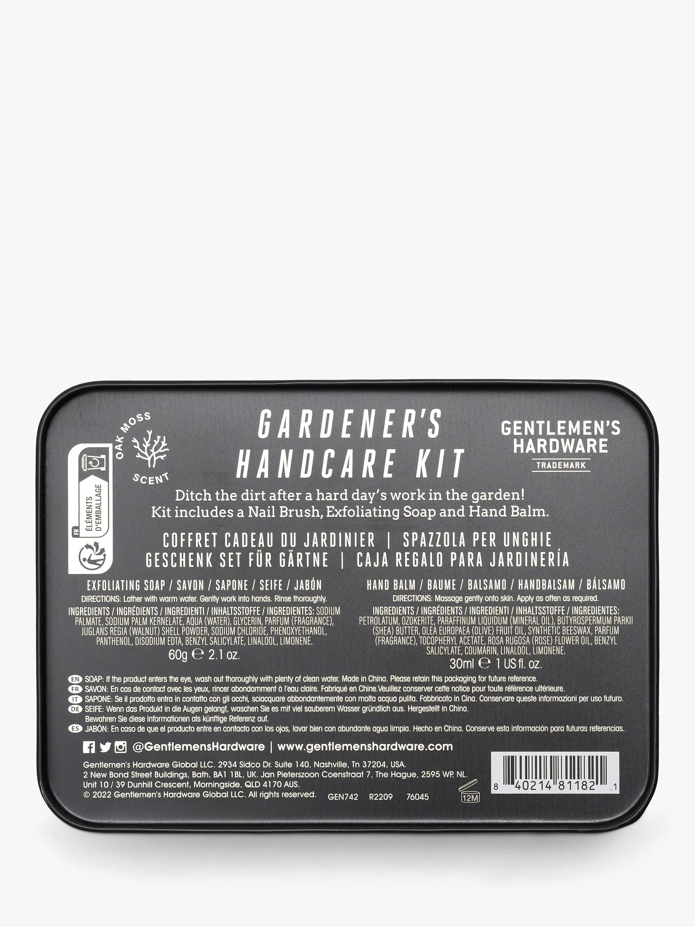 Gentlemen's Hardware gardening hand care kit with nail brush, soap, and balm, UK version