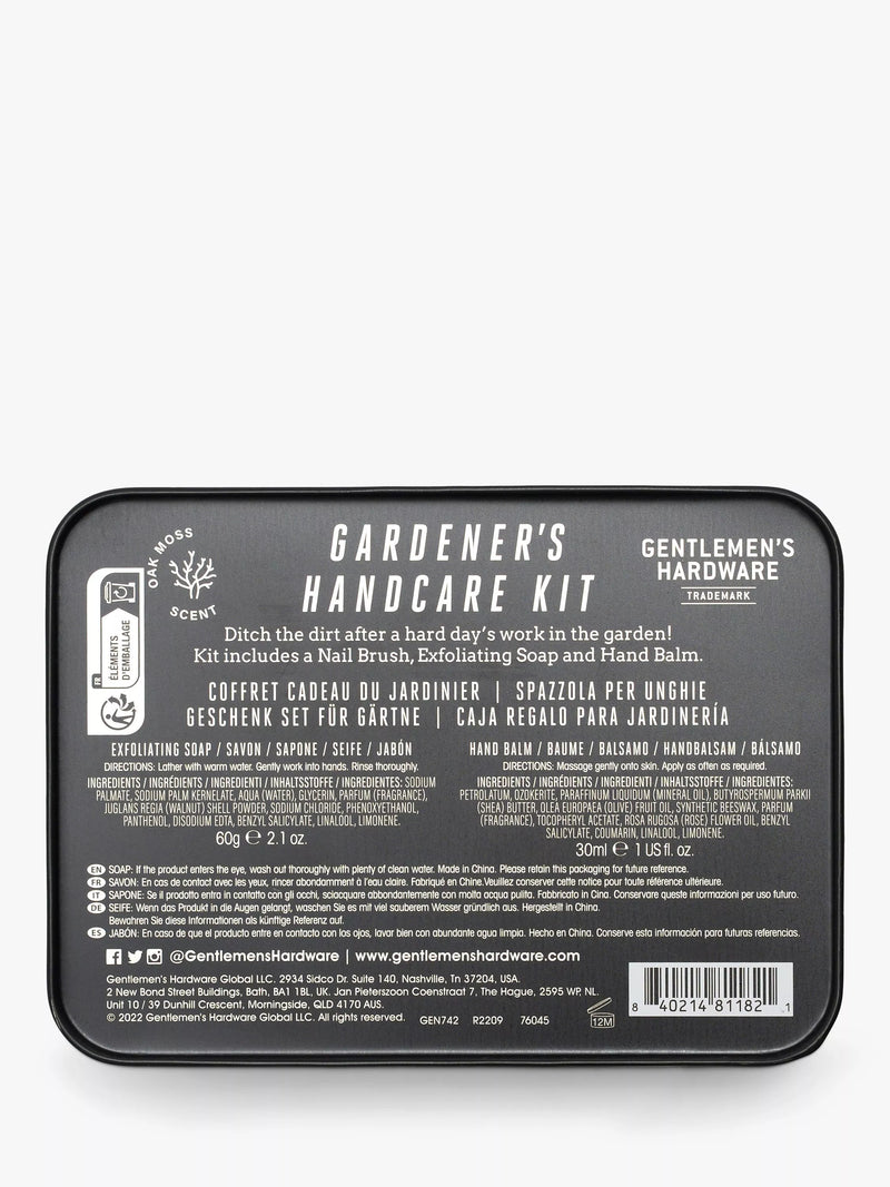 Gentlemen's Hardware gardening hand care kit with nail brush, soap, and balm, UK version