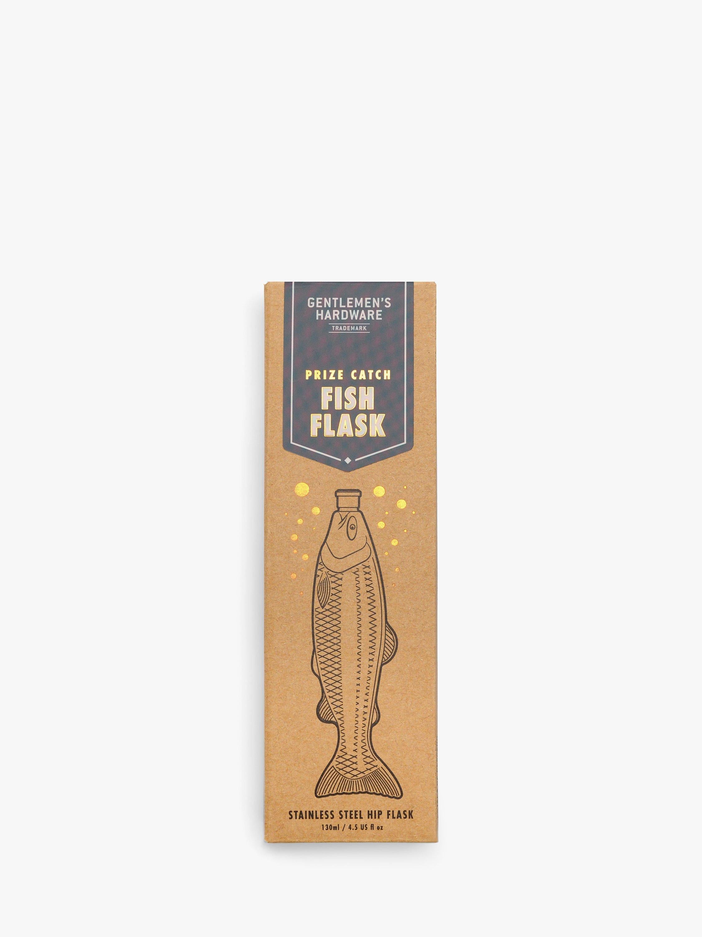Gentlemen's Hardware fish-shaped stainless steel hip flask in silver, UK version