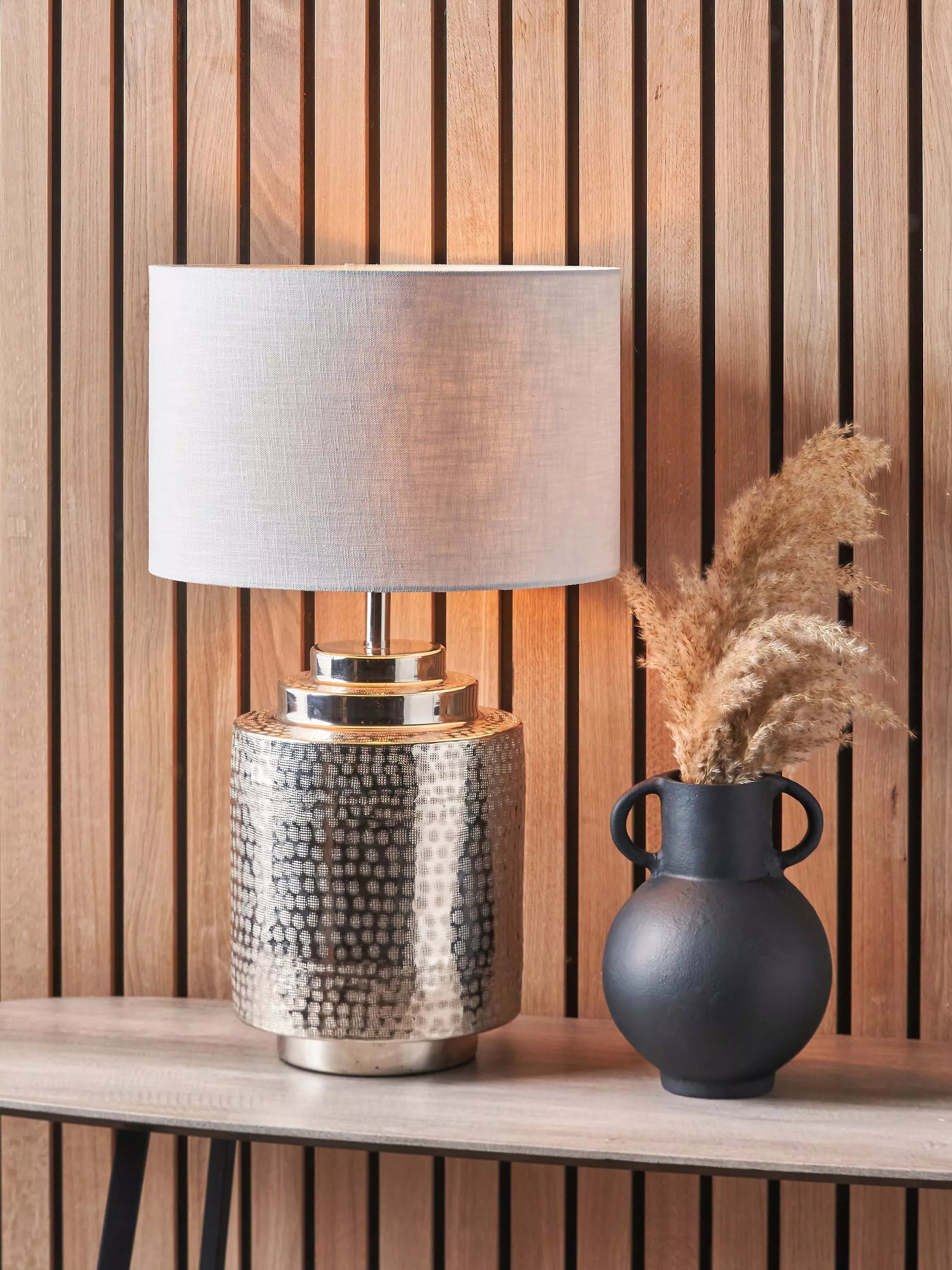 Pacific Zuri silver table lamp with hand-hammered metal base (British brand)