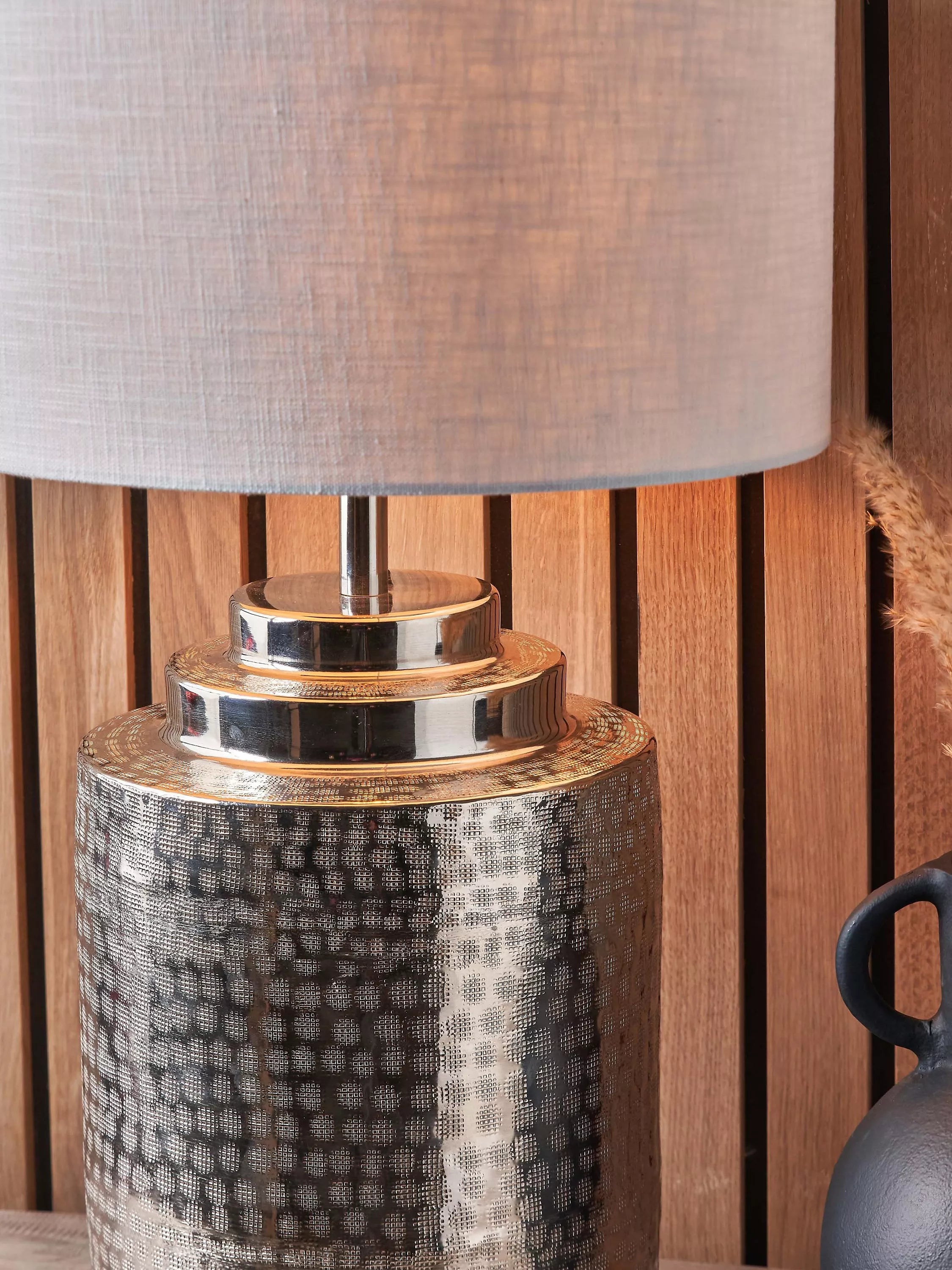 Pacific Zuri silver table lamp with hand-hammered metal base (British brand)