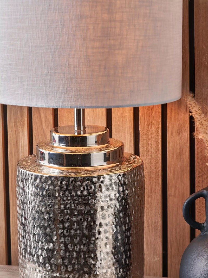Pacific Zuri silver table lamp with hand-hammered metal base (British brand)
