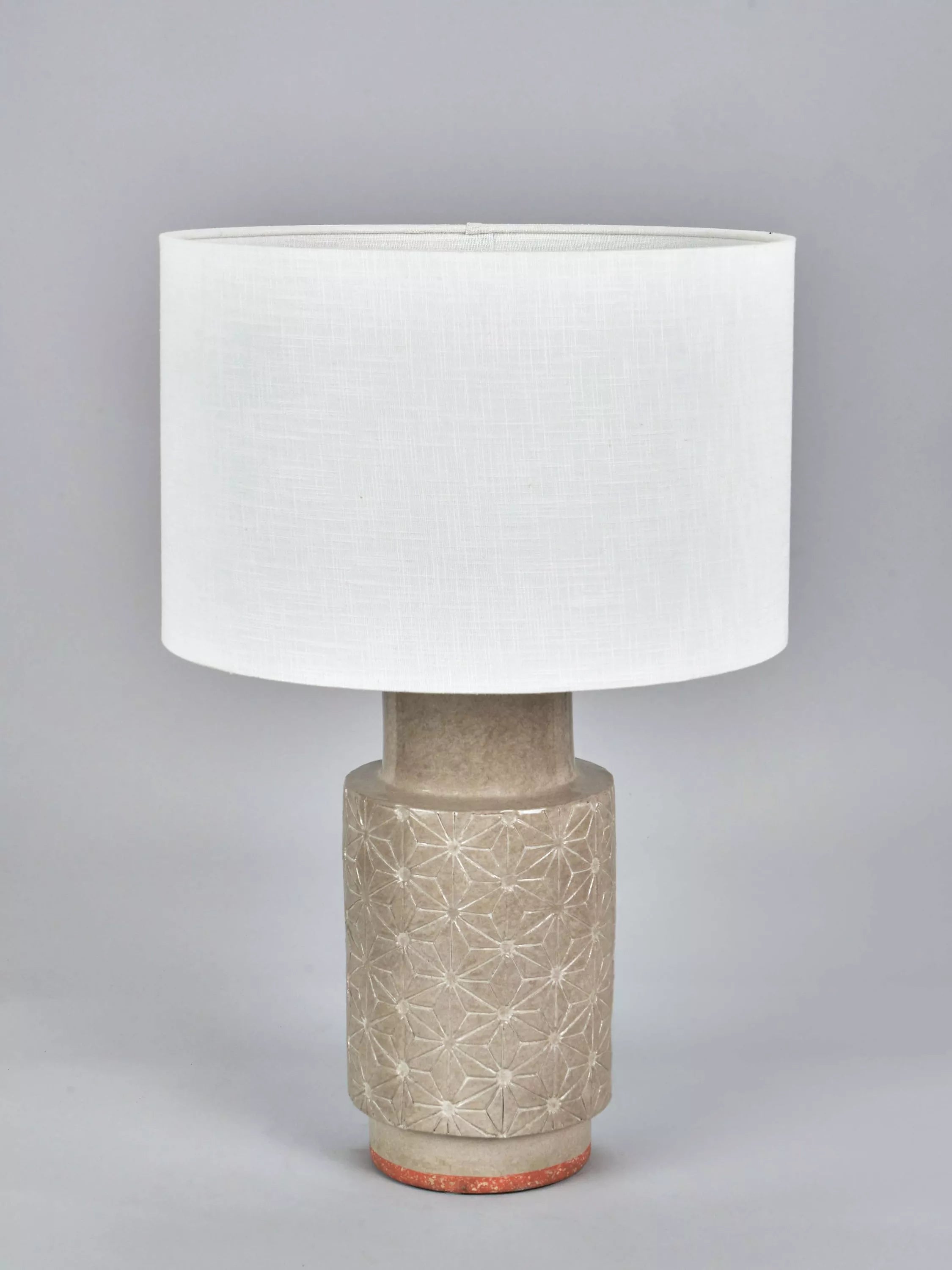 Pacific Sidra grey ceramic table lamp with woven shade, imported from the UK