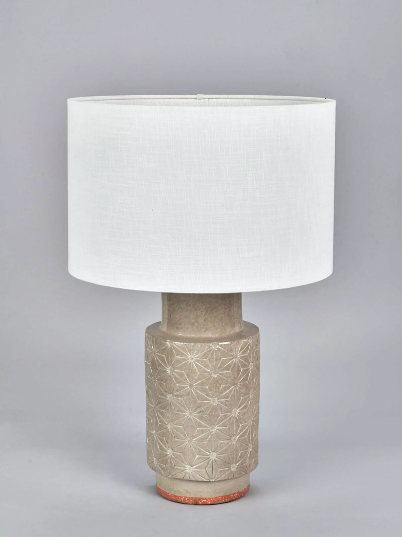 Pacific Sidra grey ceramic table lamp with woven shade, imported from the UK