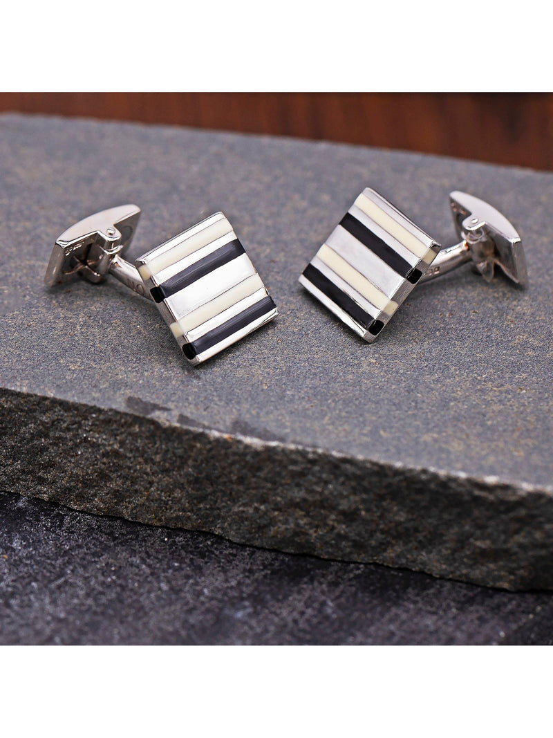 Hoxton London gestreifte Manschettenknöpfe aus Emaille-Quadrat Sterlingsilber - Britisches Produkt