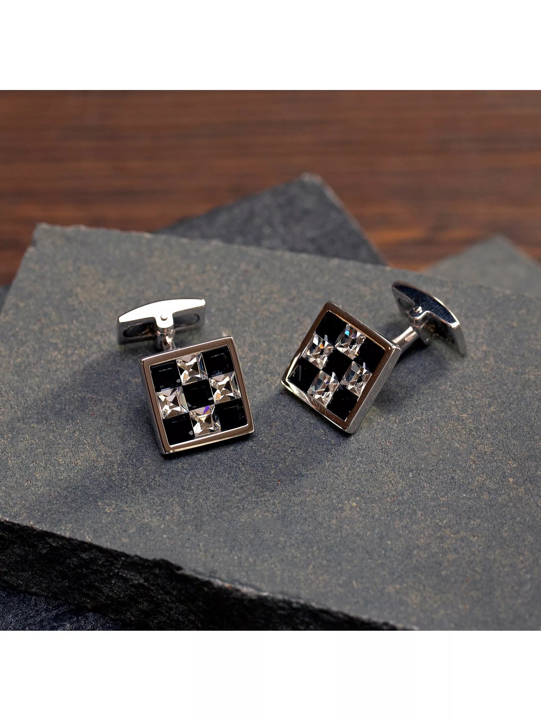 Hoxton London crystal checkerboard square cufflinks in silver and multi-colour, UK version