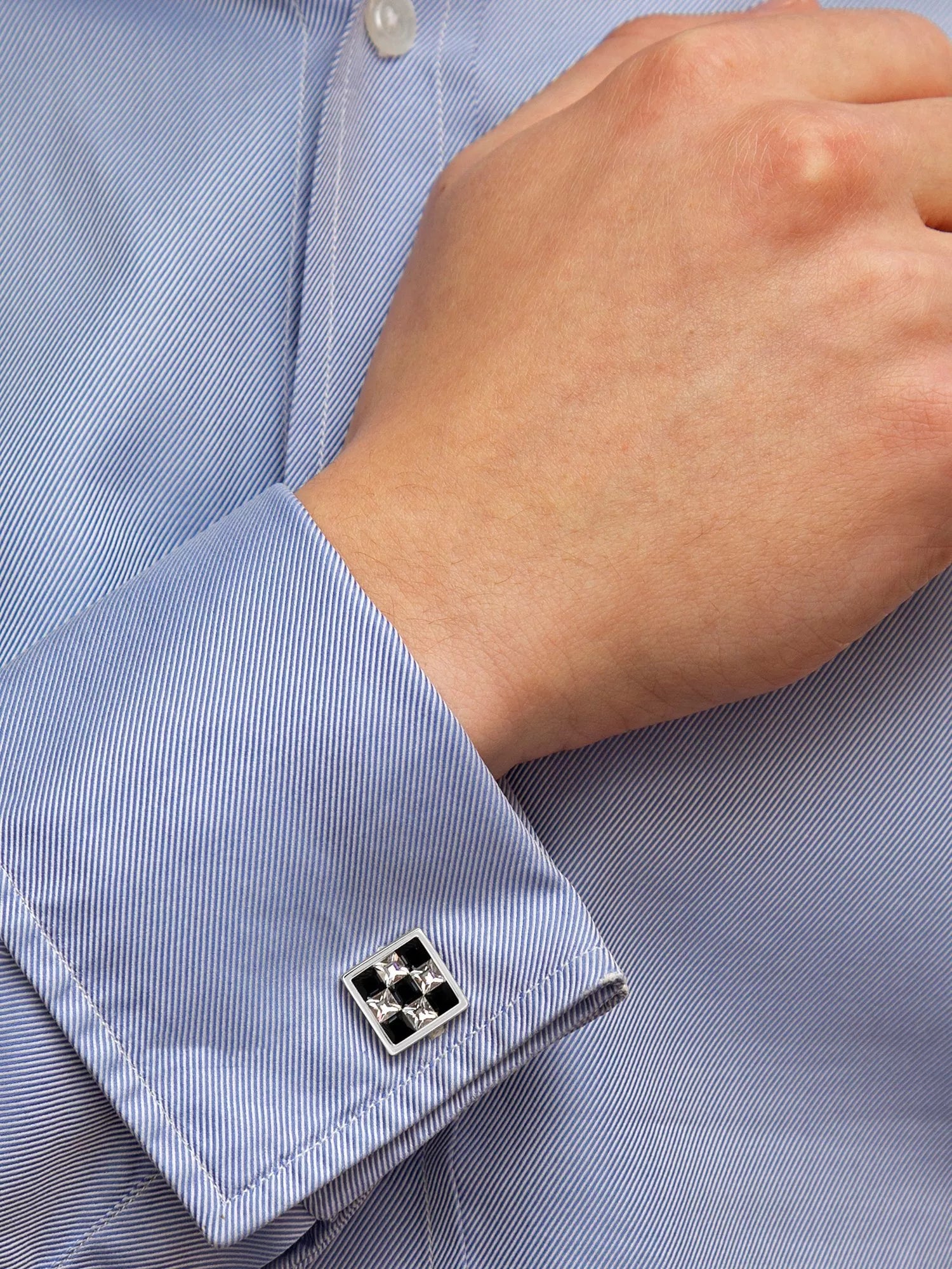 Hoxton London crystal checkerboard square cufflinks in silver and multi-colour, UK version