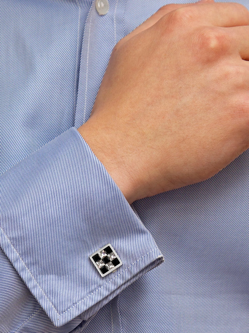 Hoxton London crystal checkerboard square cufflinks in silver and multi-colour, UK version