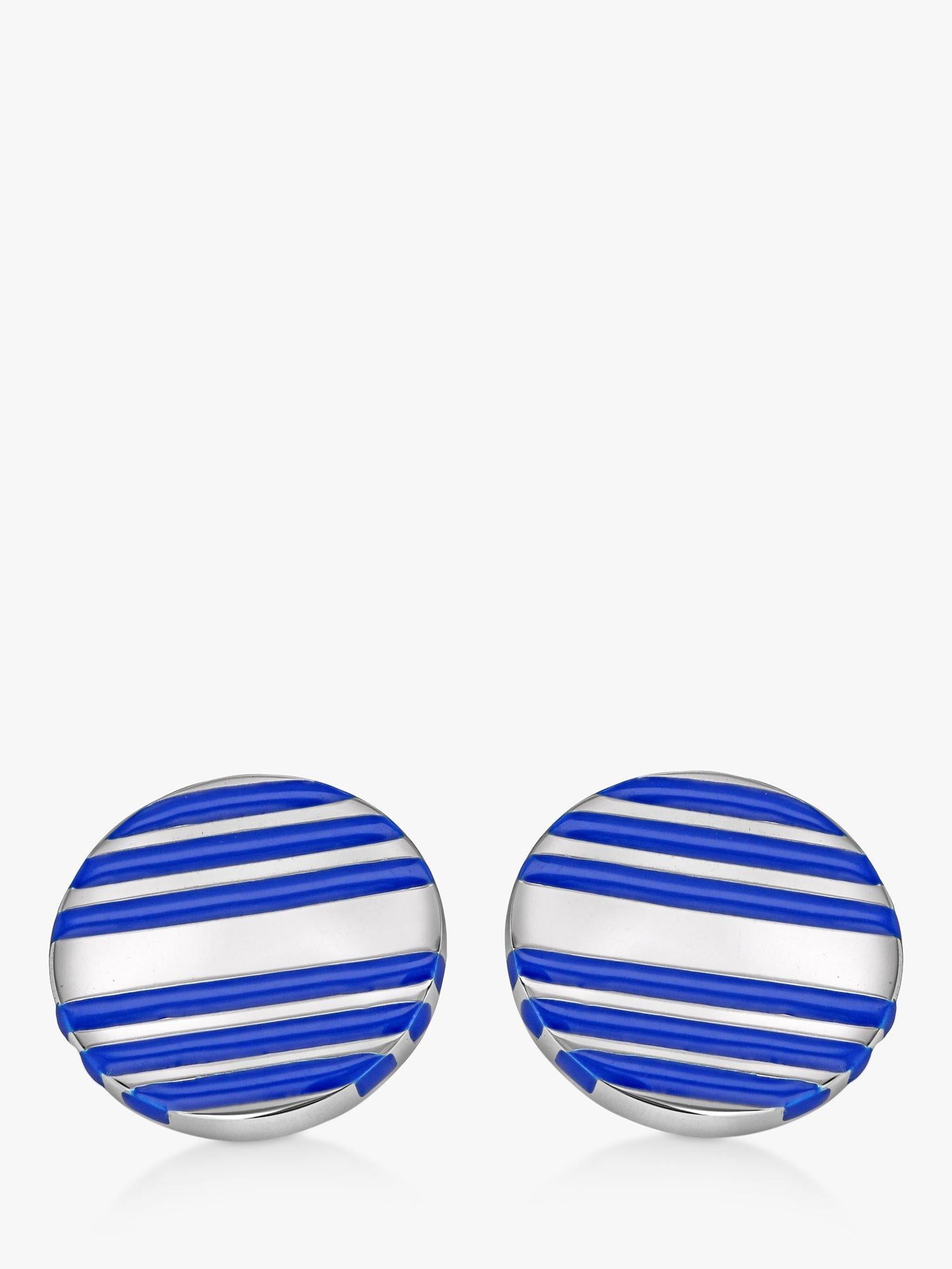 Boutons de manchette ronds rayés en émail Hoxton London, bleu argenté - Produit britannique