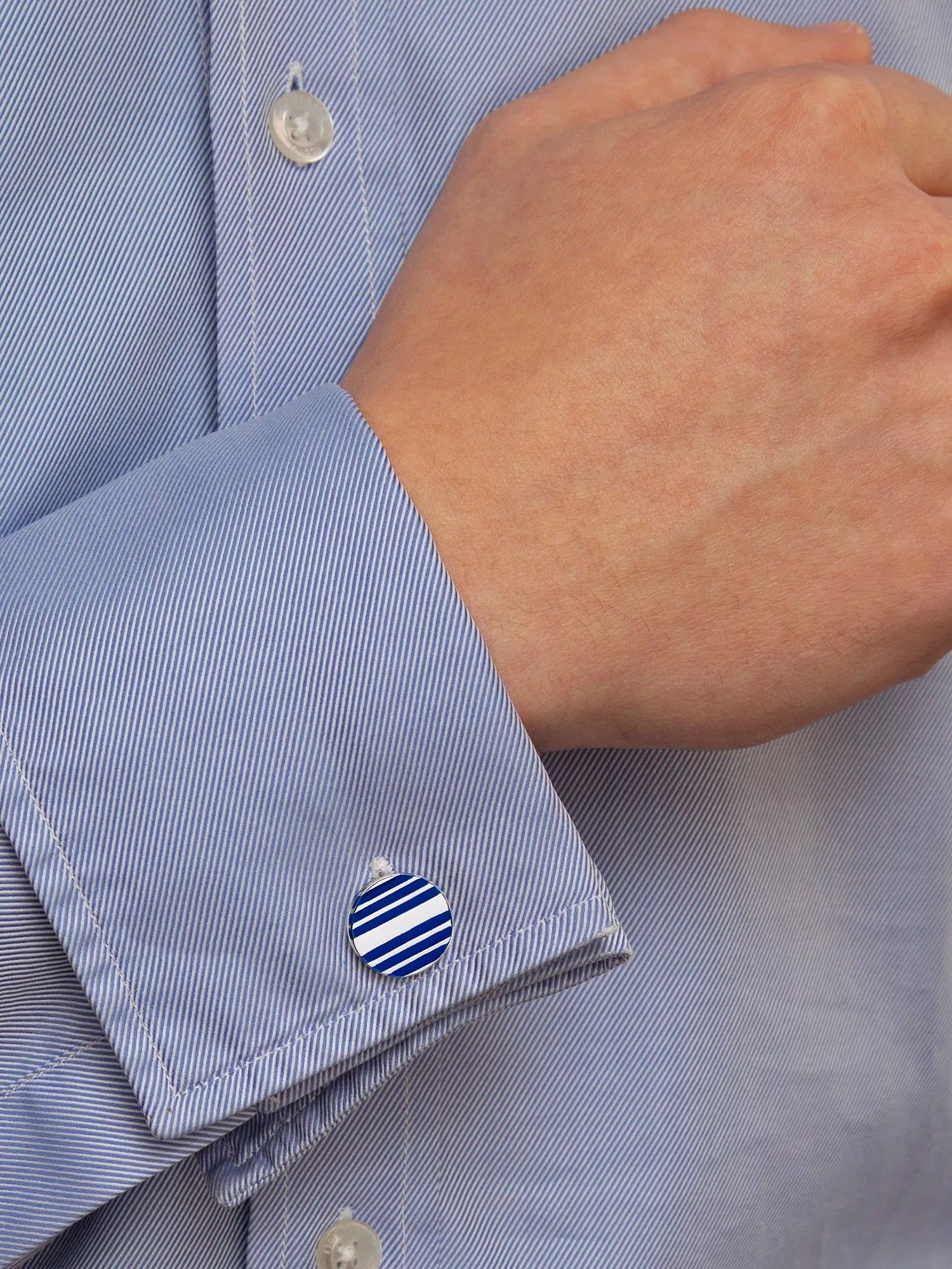 Hoxton London enamel stripe round cufflinks, silver-blue - British product