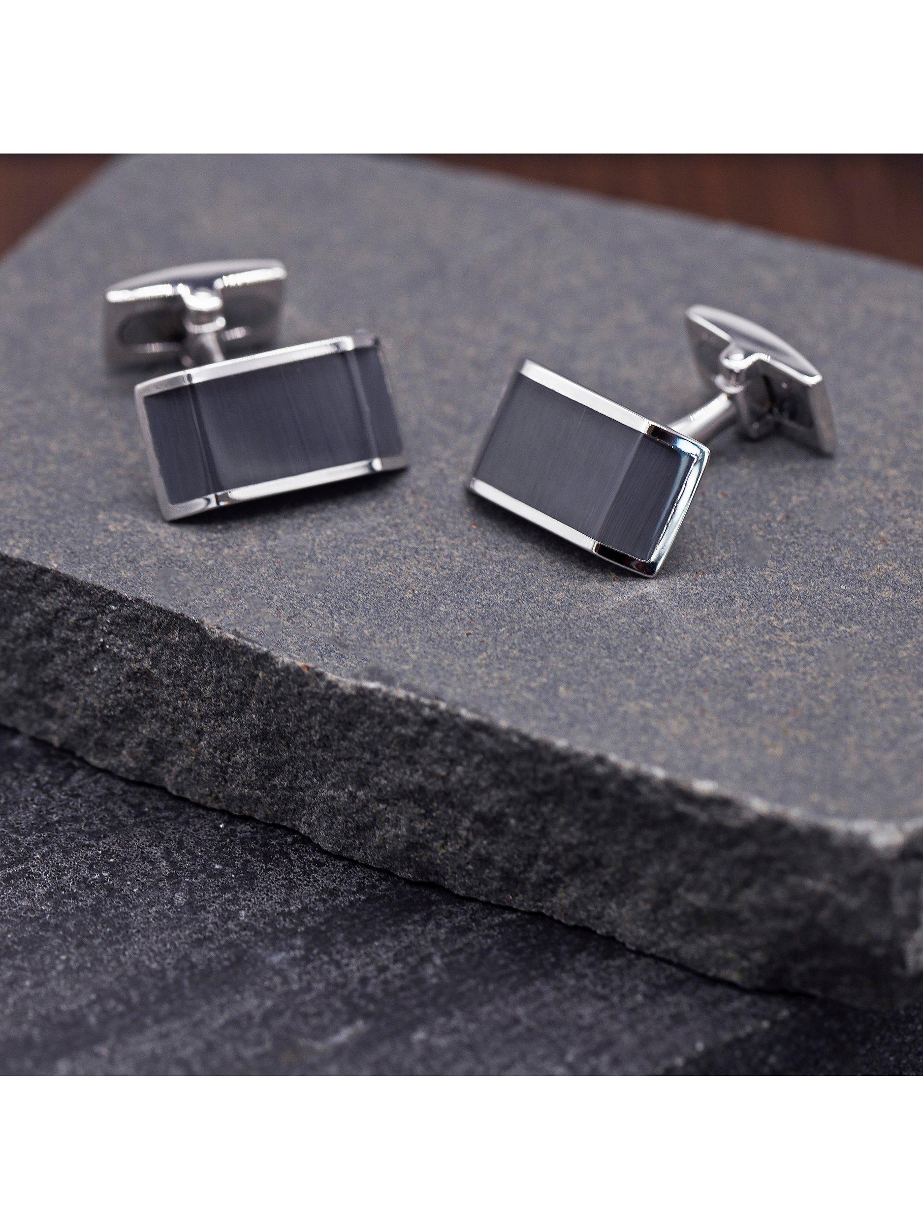 Boutons de manchette rectangulaires œil de chat Hoxton London argentés gris, importés du Royaume-Uni