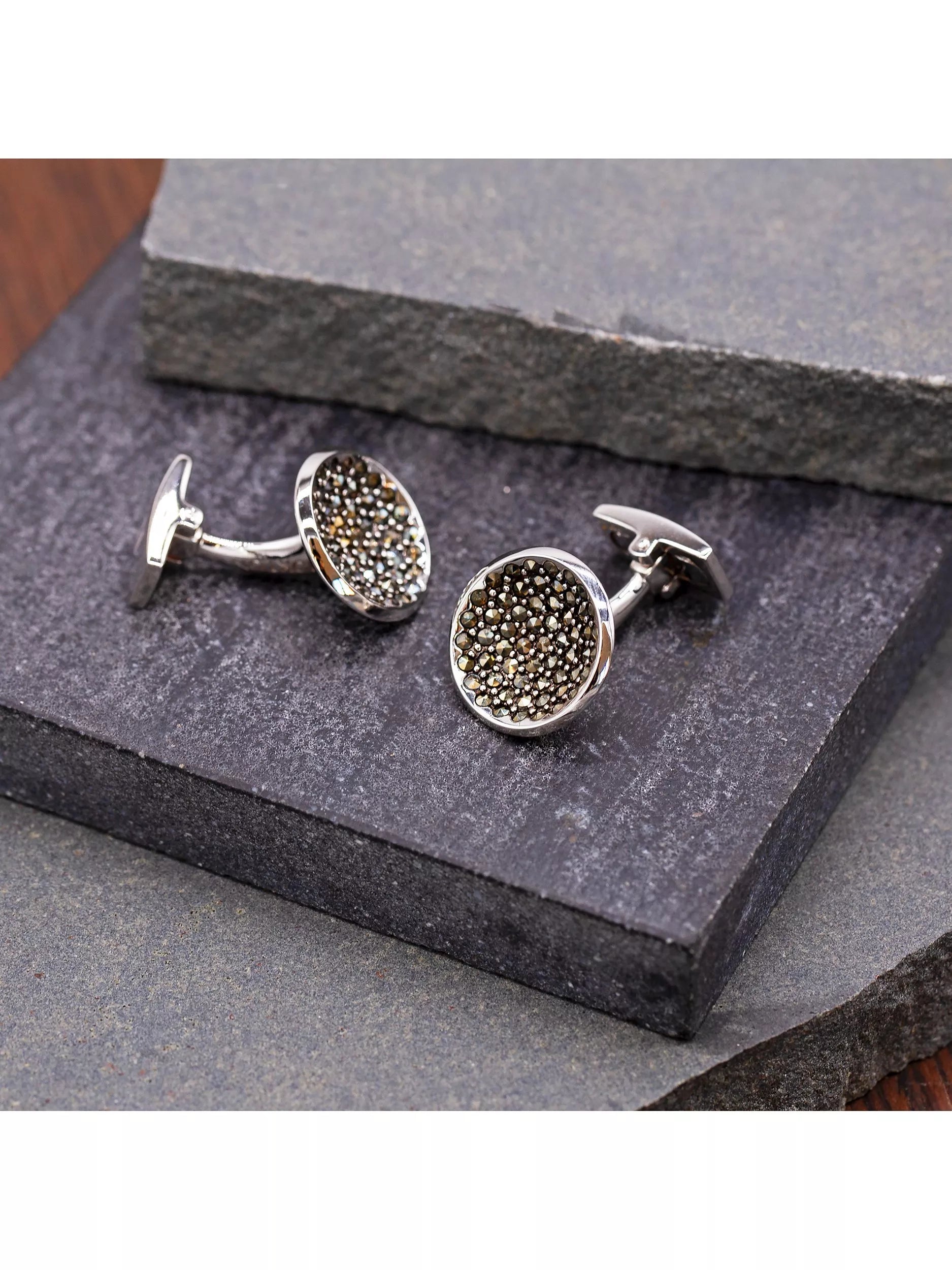 Hoxton London round sterling silver cufflinks with marcasite set, UK version