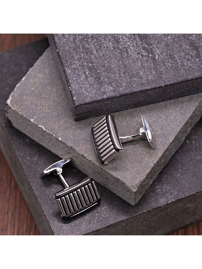 Hoxton London sterling silver cufflinks with ribbed leather - British product