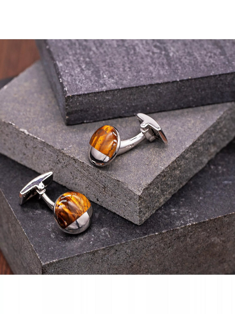 Hoxton London tiger's eye circular cufflinks sterling silver, imported from the UK