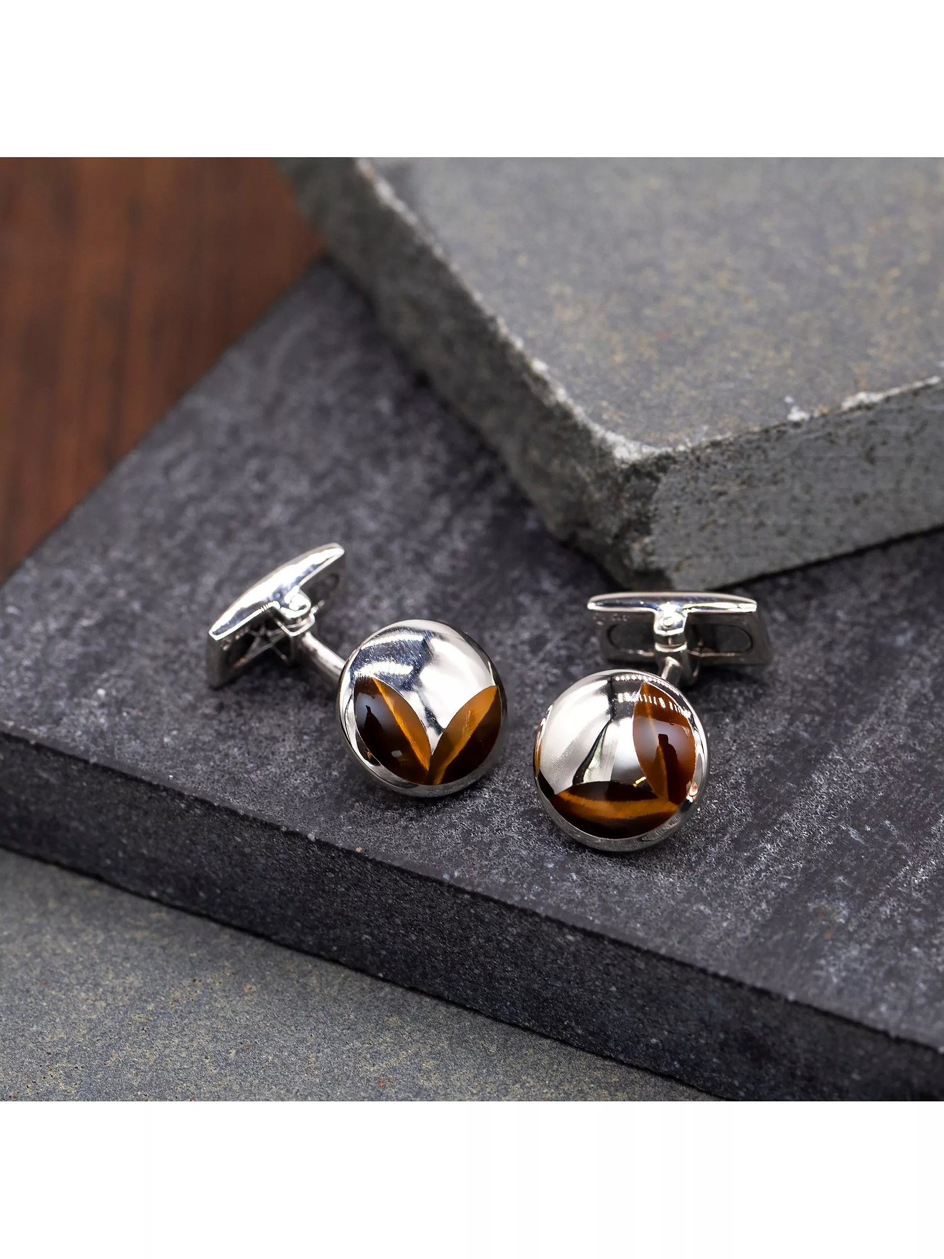 Hoxton London Tiger's Eye round cufflinks silver brown (British brand)