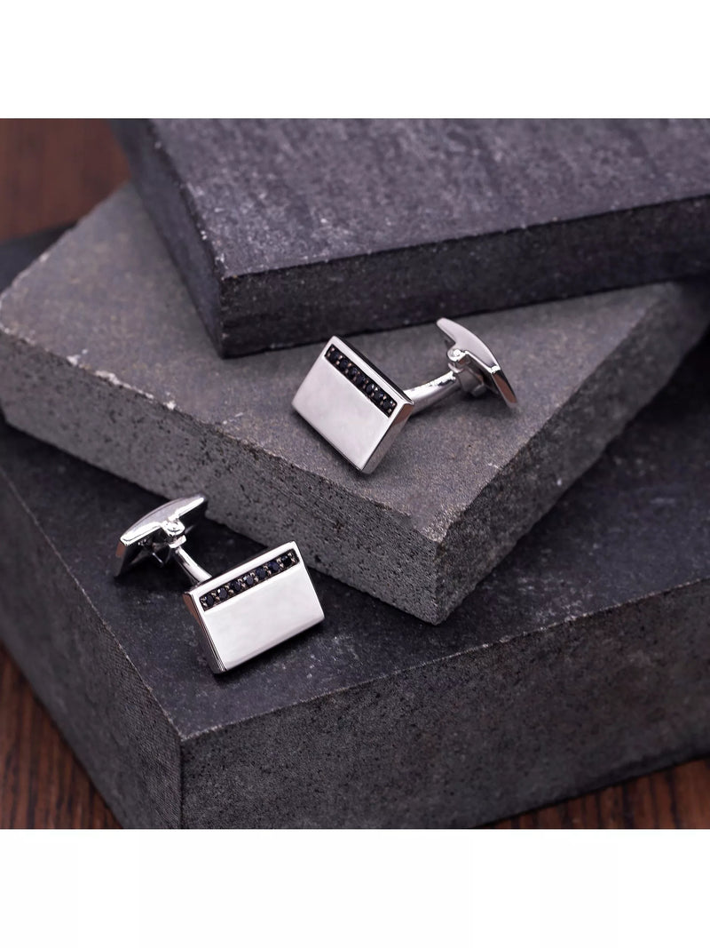 Hoxton London black sapphire rectangle cufflinks, silver, imported from the UK
