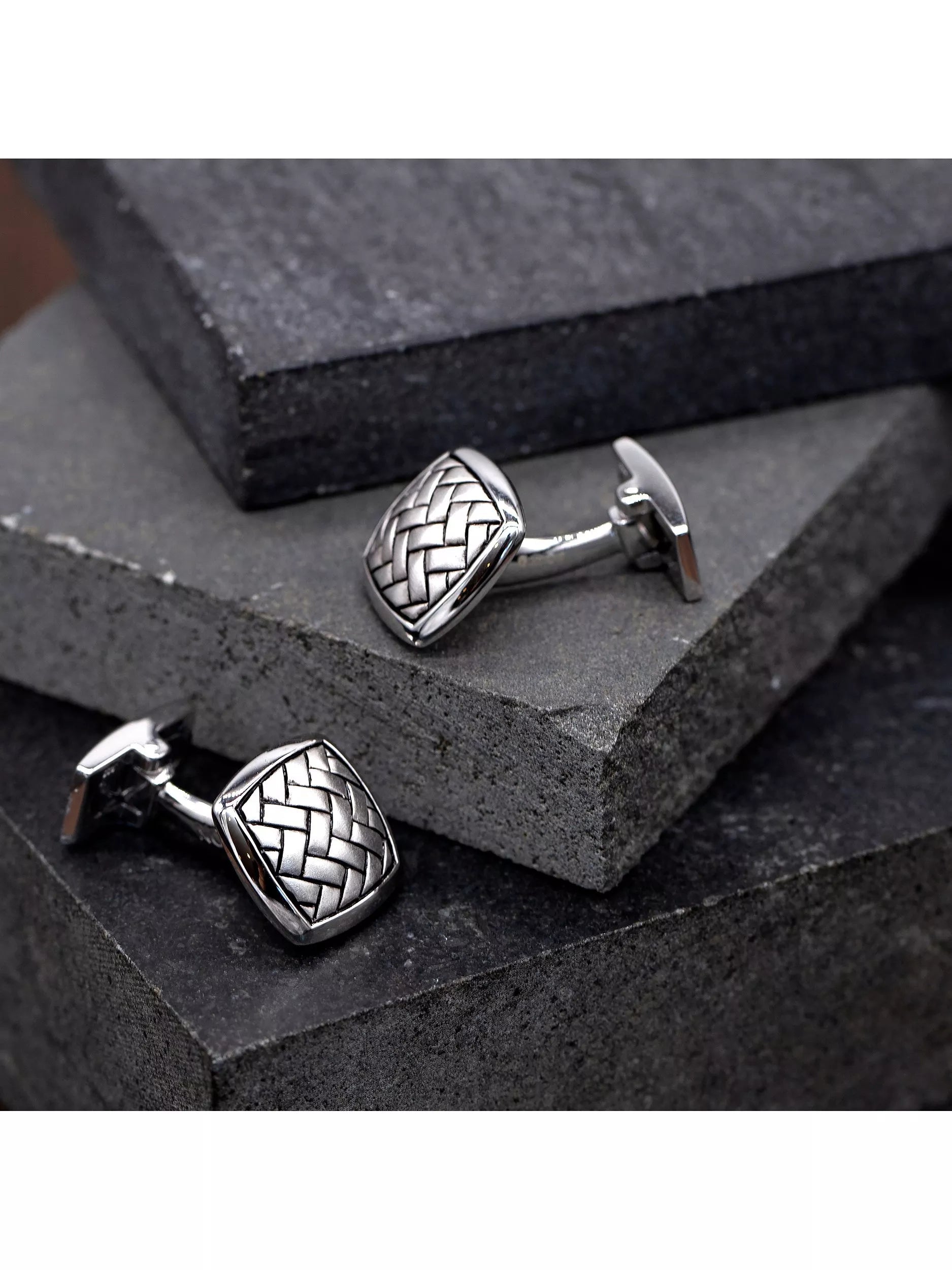Hoxton London herringbone square cufflinks, rhodium plated silver (British brand)