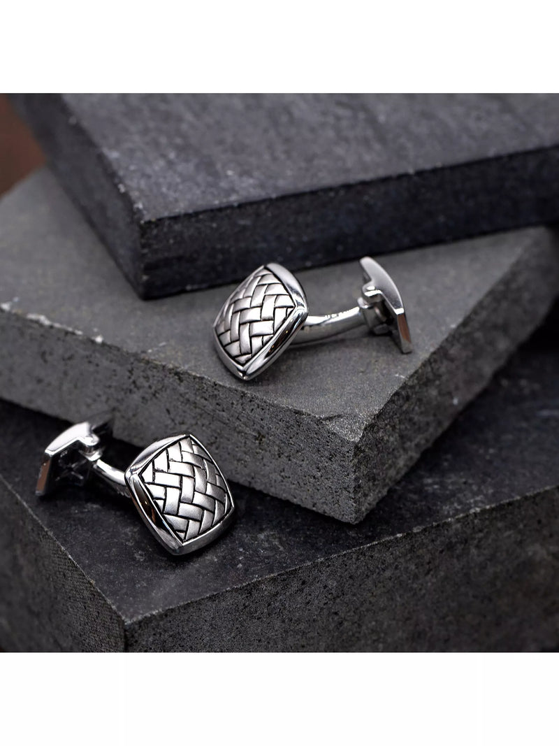 Hoxton London herringbone square cufflinks, rhodium plated silver (British brand)
