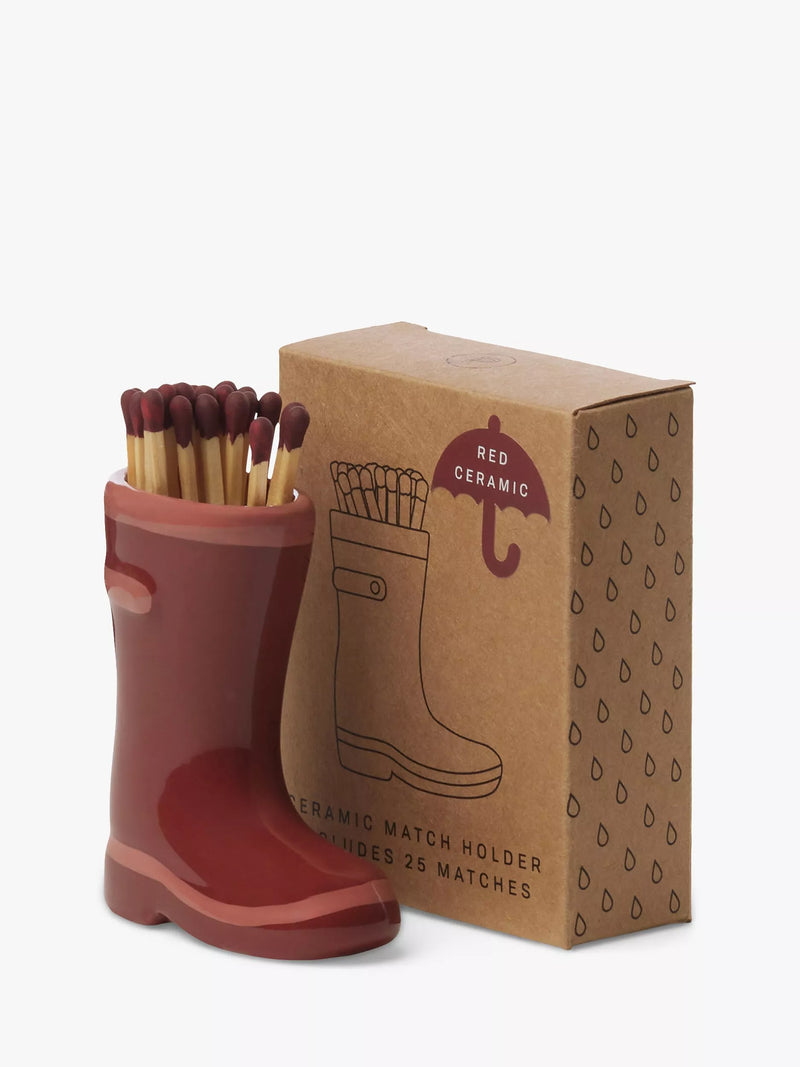 Paddywax Wellington boot ceramic match holder with 25 safety matches, red, imported from the UK