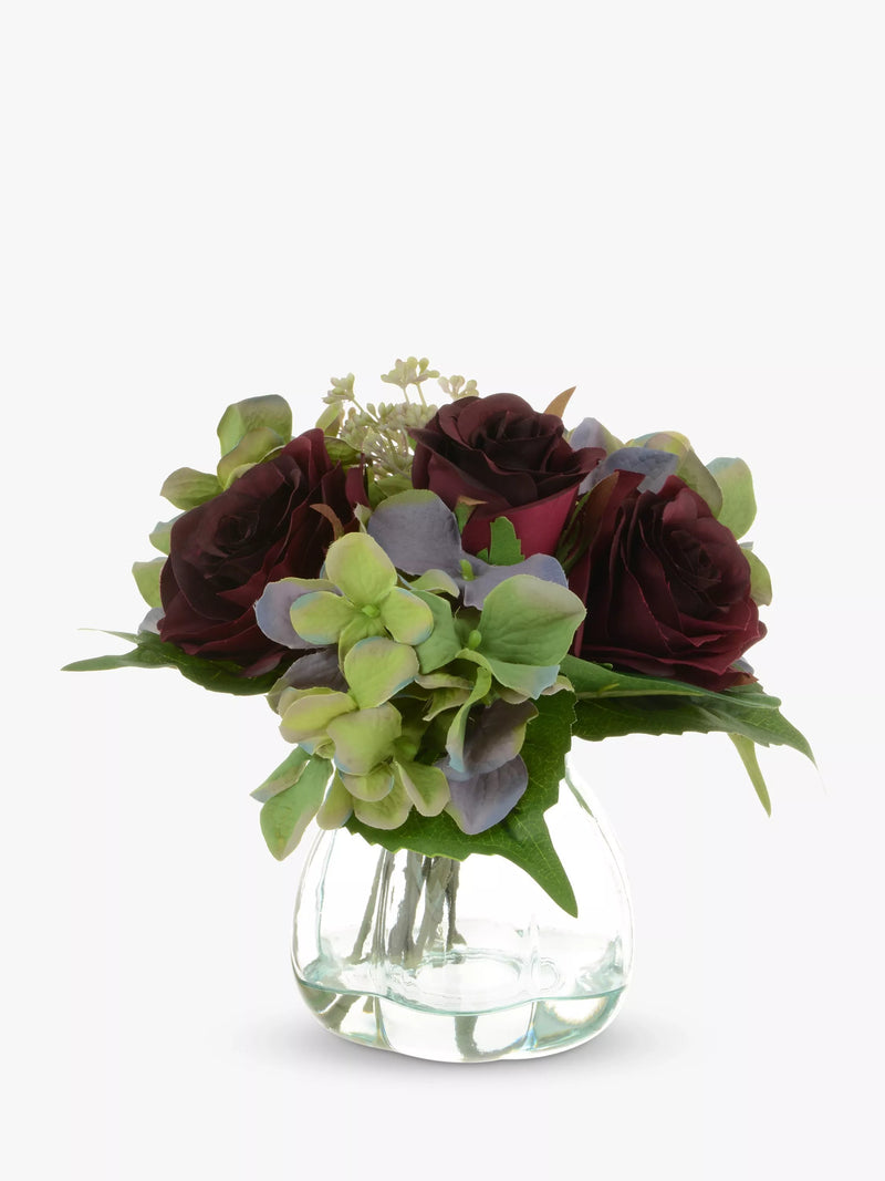 Artificial Roses and Hydrangeas in Curved Glass Vase, 21cm Tall