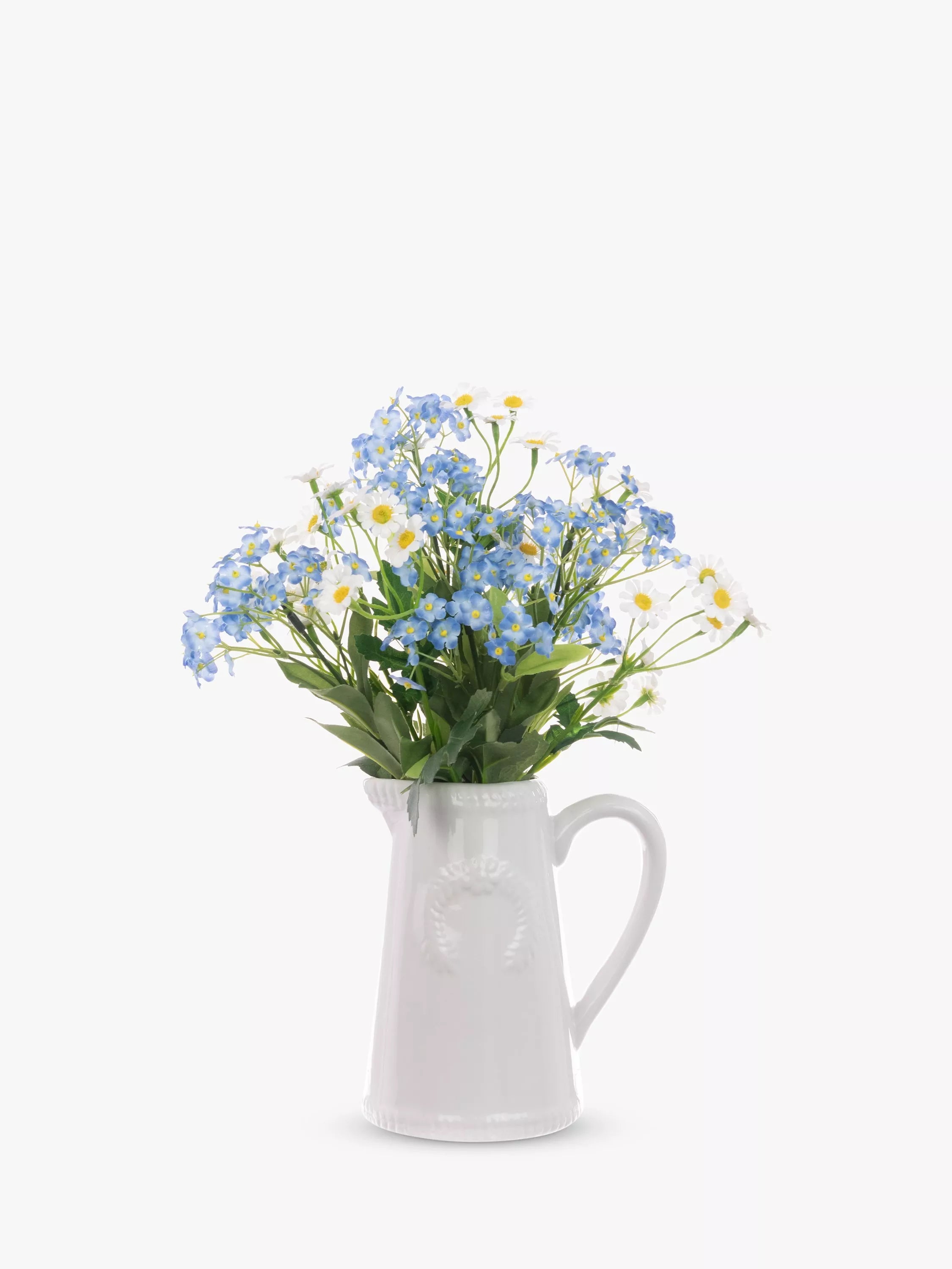 Floralsilk Artificial Forget Me Not & Daisy in a Ceramic Jug, H32cm, Blue/White