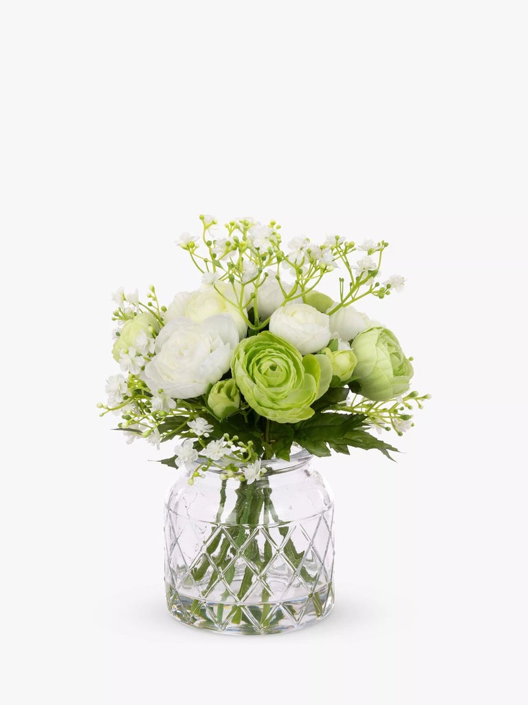 Floralsilk Artificial Ranunculus & Gypsophila in Glass Vase, H25cm, Green/White